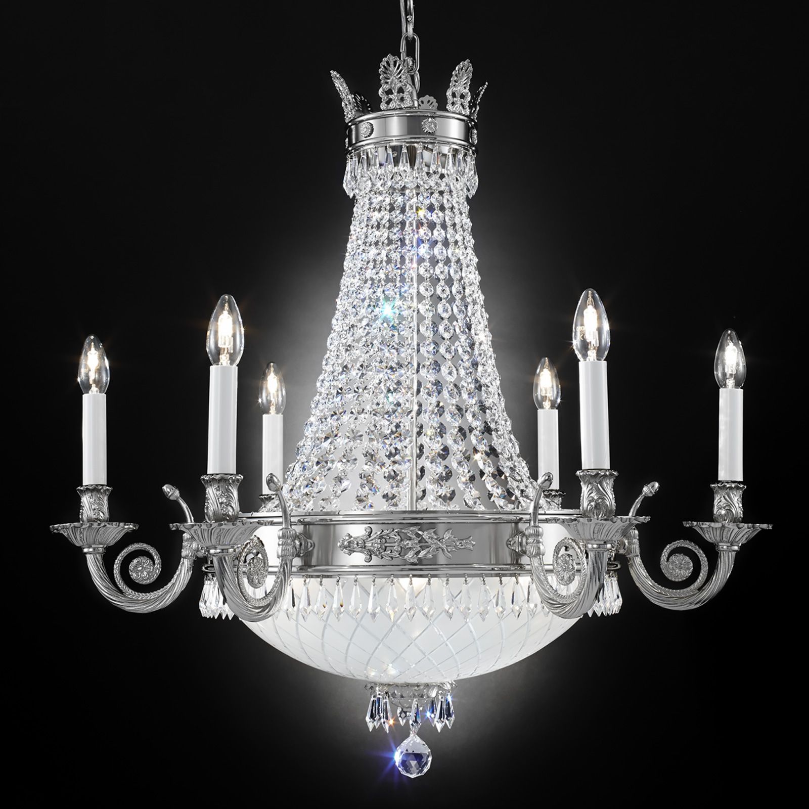 Chandelier EMPIRE CRYSTAL with satin diffused cut glass, 12 lamps, antique silver plated