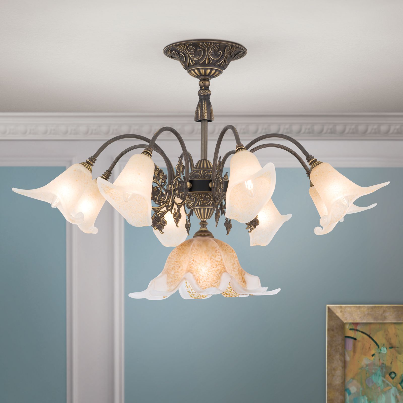 Ceiling chandelier TOSCA, 9-flames, Old patina