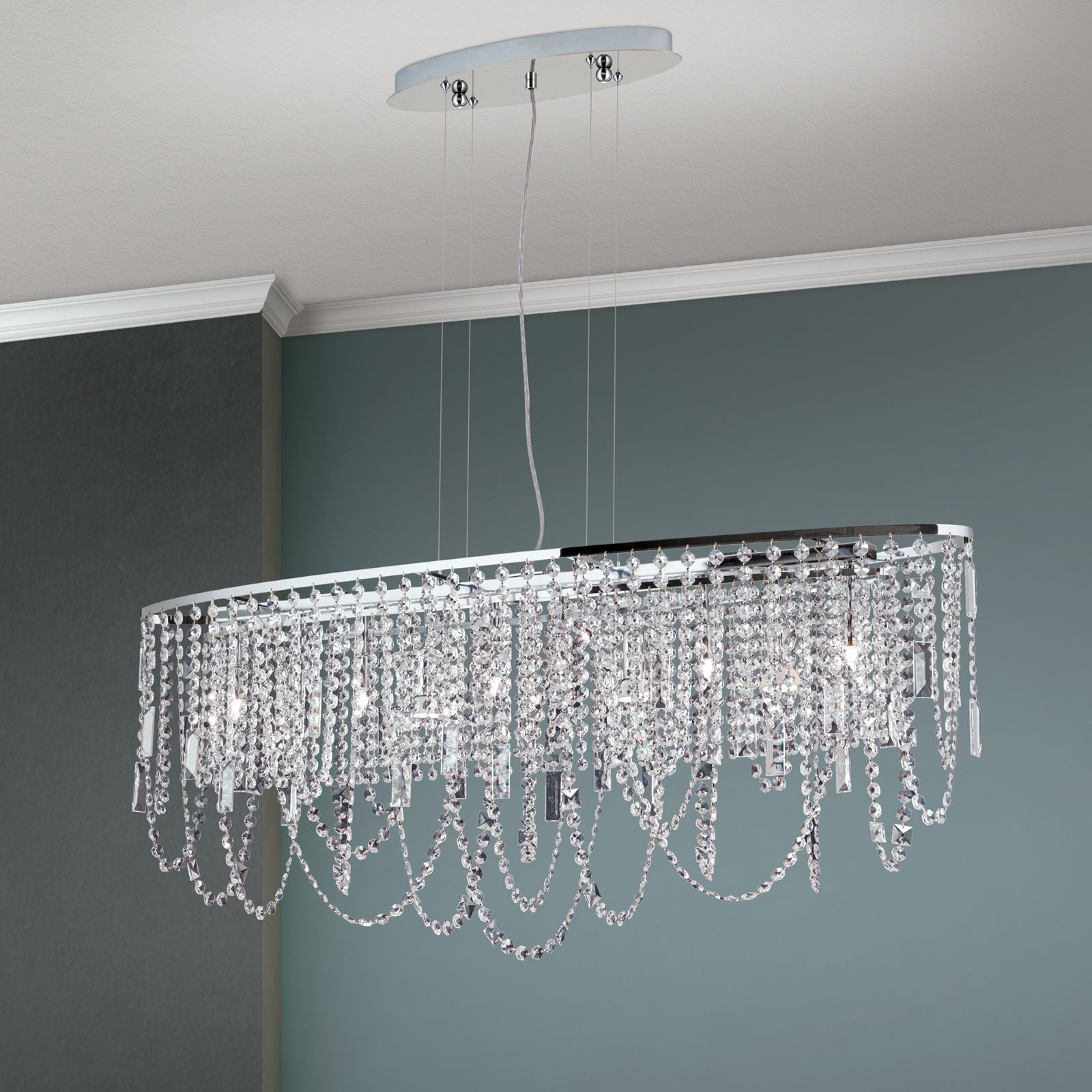 Pendant light KRISTALLDESIGN in oval shape, 110x25cm, chrome plated