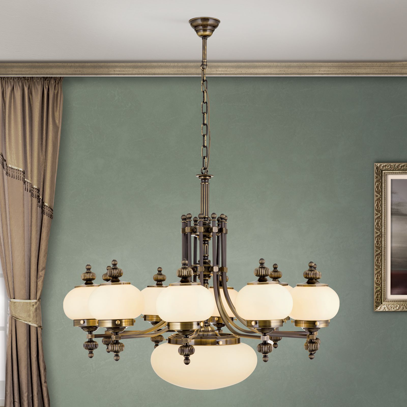 Chandelier WIENER NOSTALGIE, 10+1 lamps, antique brass finish, upwards, champagne coloured glasses