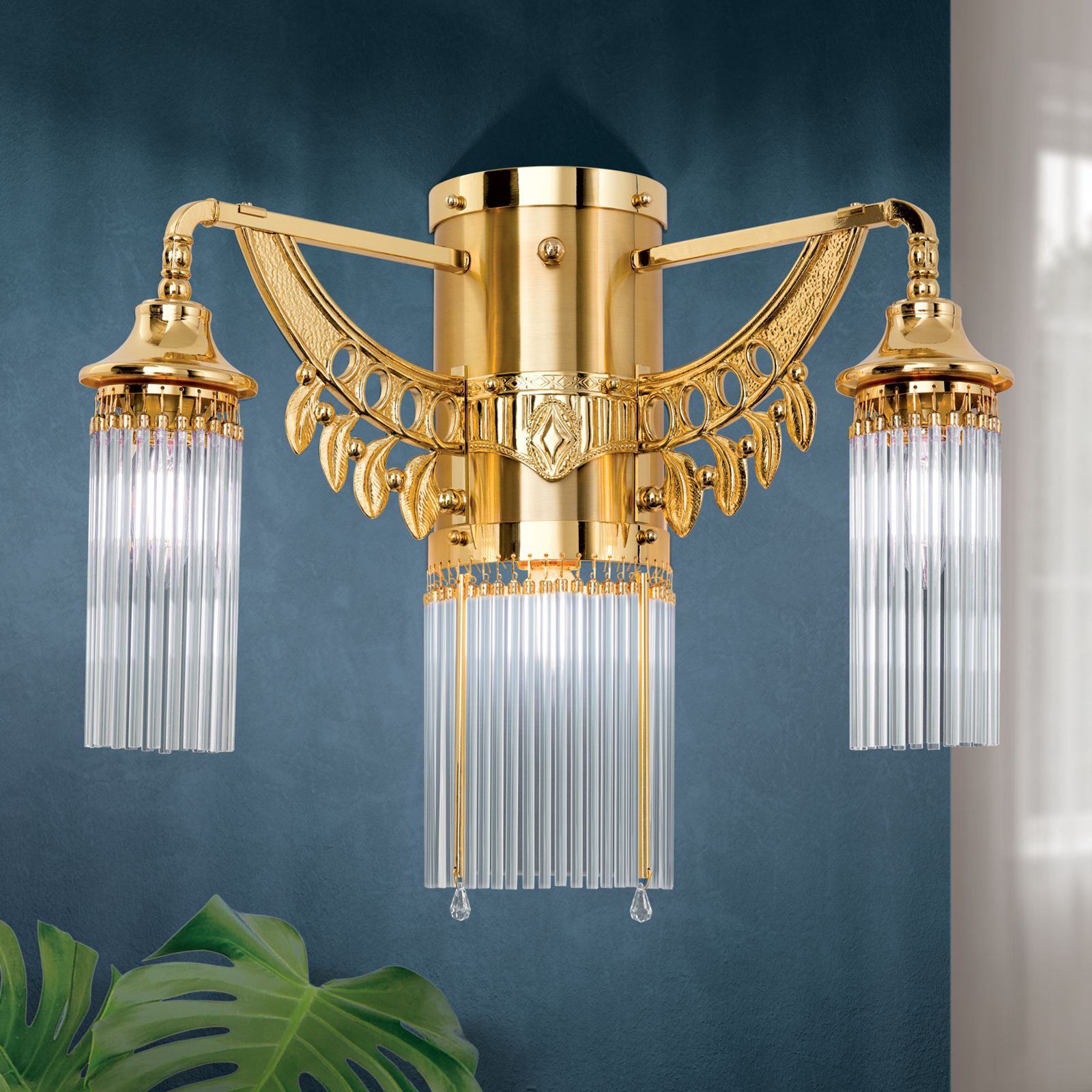 Adele Wall Light, 3 lamps, 24K gold plated, with crystal glass sticks