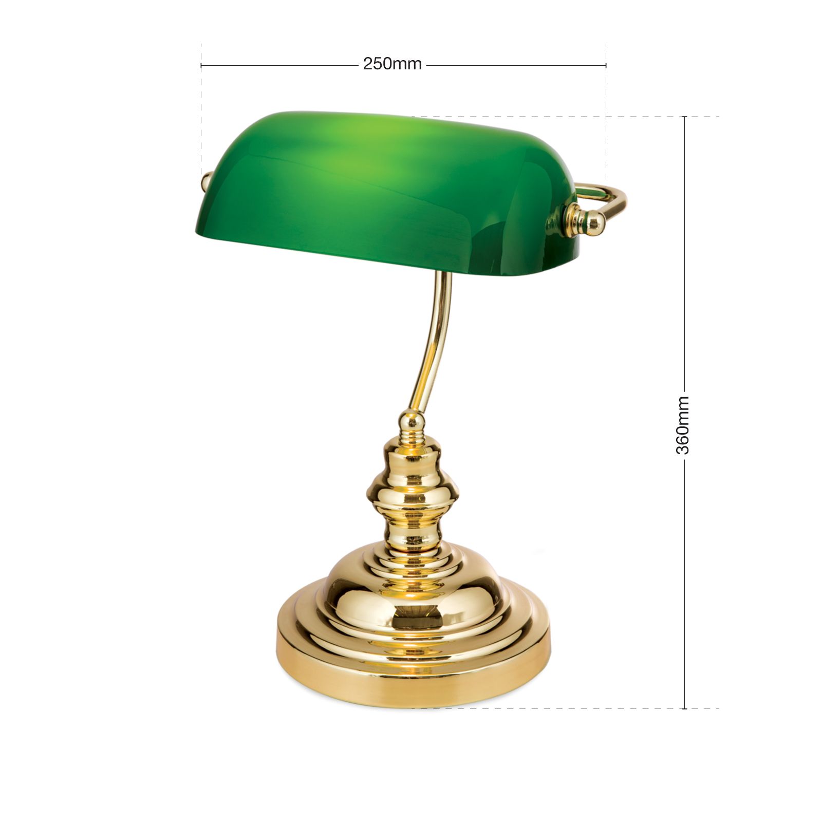 Bankers Lamp, Shiny Brass finish green glass shade