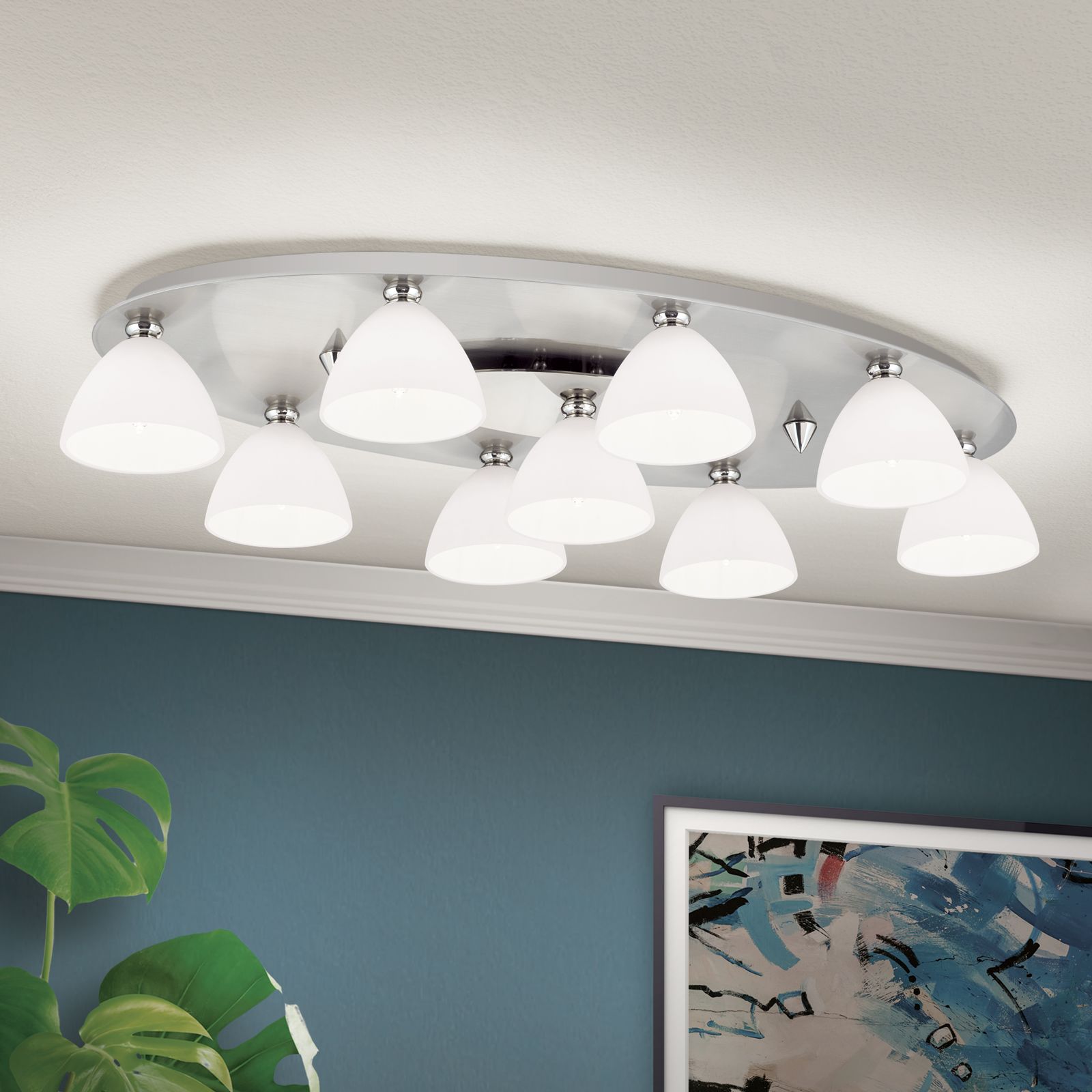 Ceiling light OPALDESIGN, 9 lamps, satin chrome with opal glasses