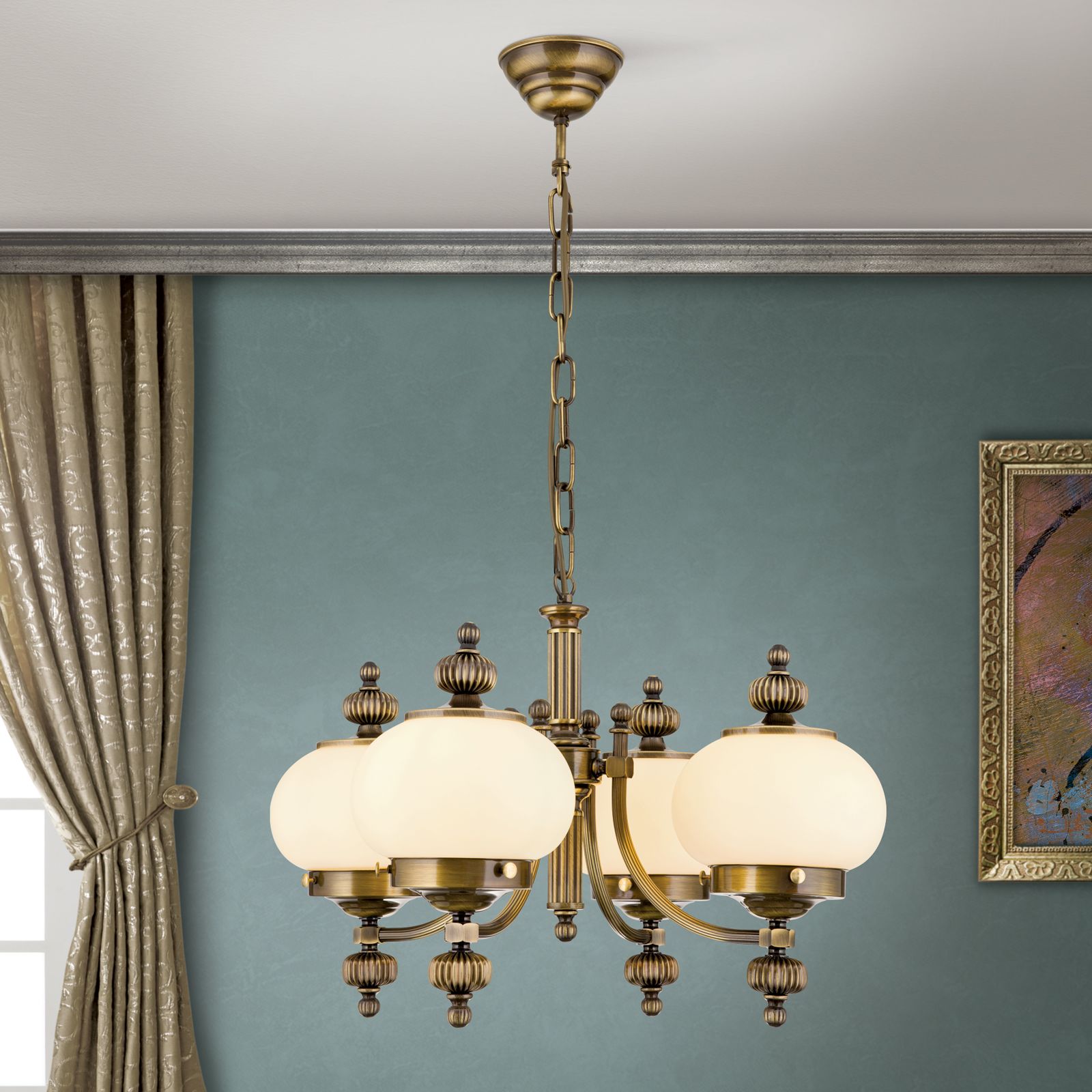 Chandelier WIENER NOSTALGIE, 4 lamps, antique brass finish, upwards, champagne coloured glasses