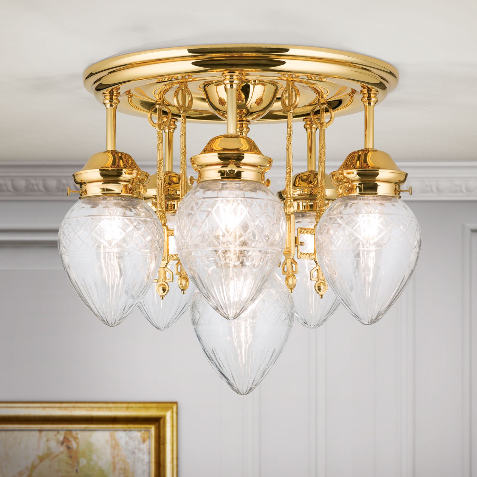 Ceiling light BUDAPEST, 5 lights in 24K gold plated finish with clear cut glasses