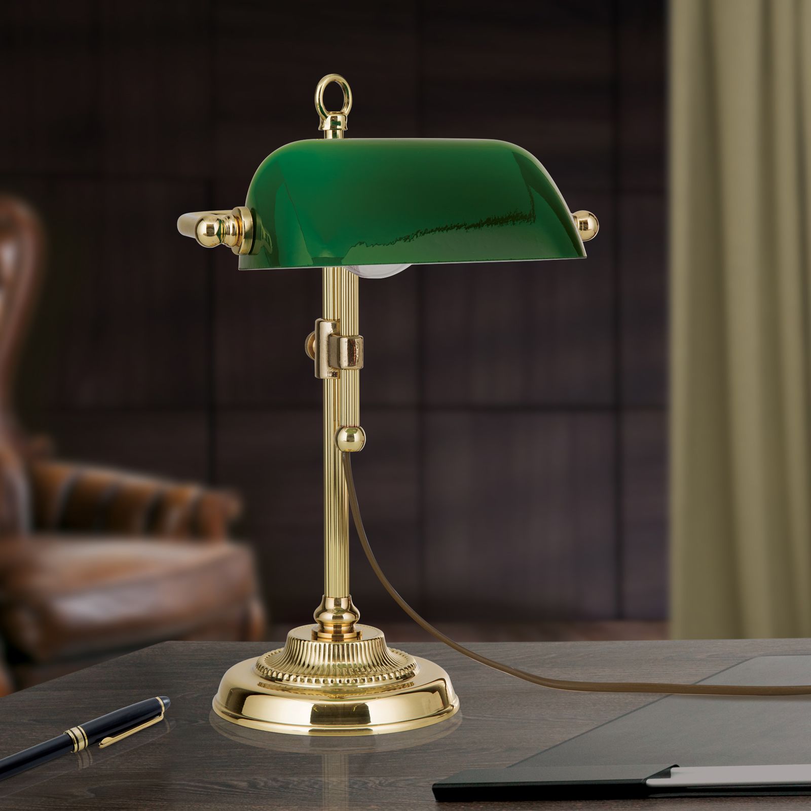 Bench lamp HARVARD, brass with green glass shade, 32cm Shiny