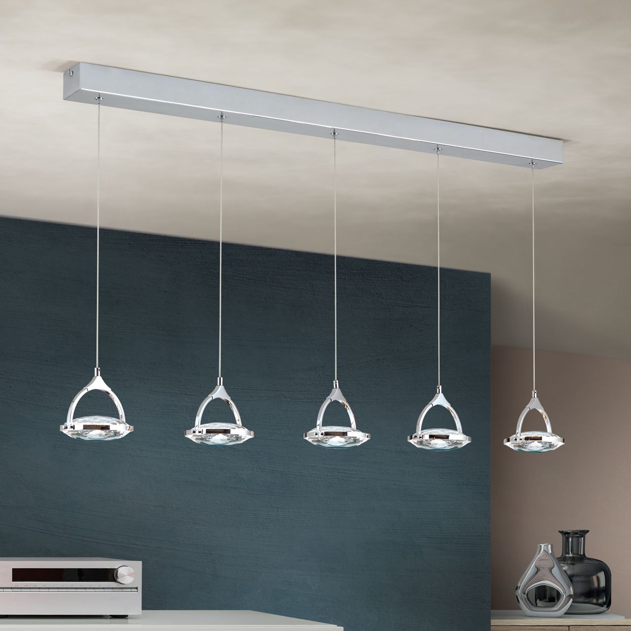 LED pendant lamp MOON, 5-lamps, chrome