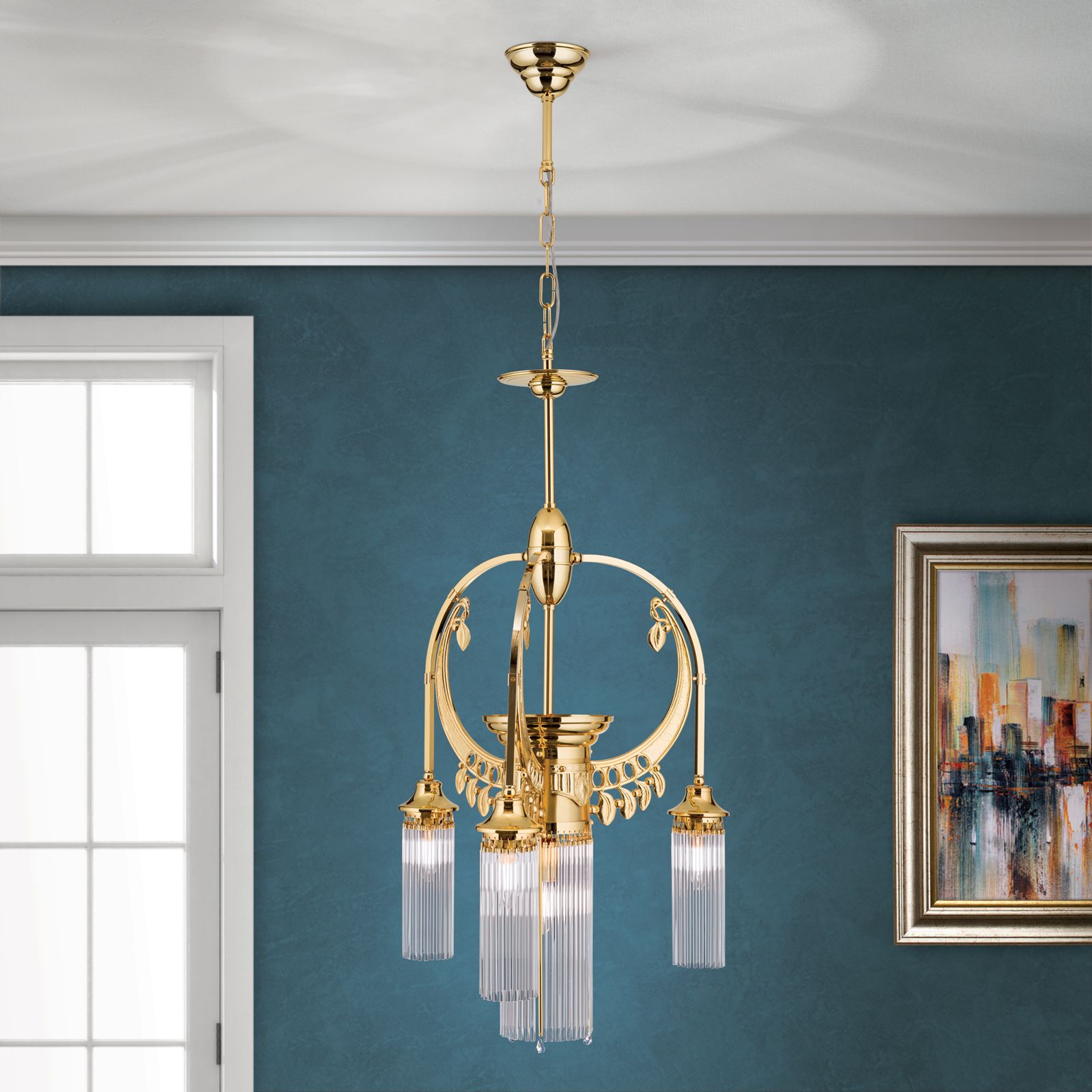 Adele Chandelier, 4 lamps, 24K gold plated, with crystal glass sticks