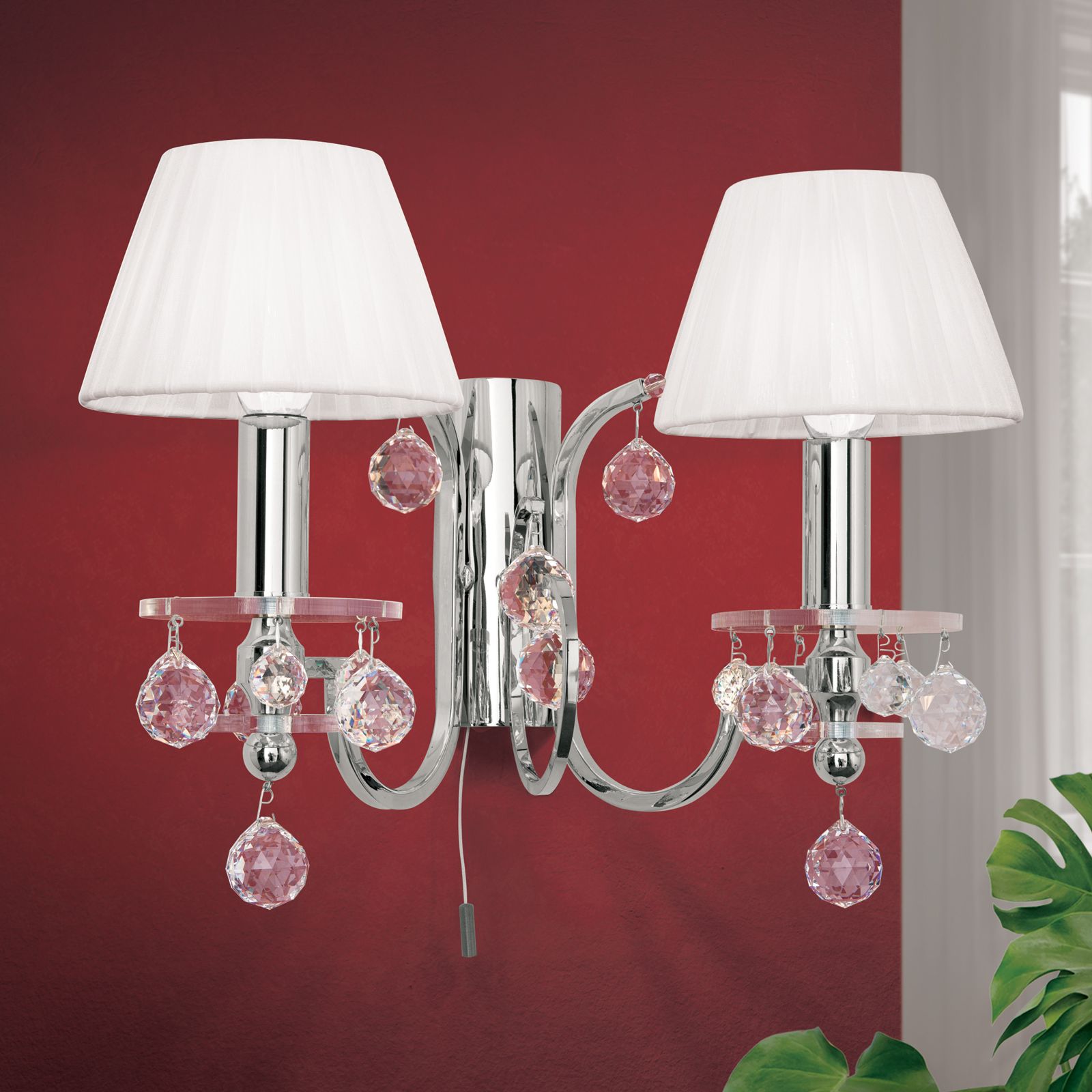 Kristalldesign crystal wall light, 2 lamps, chrome plated + white shades