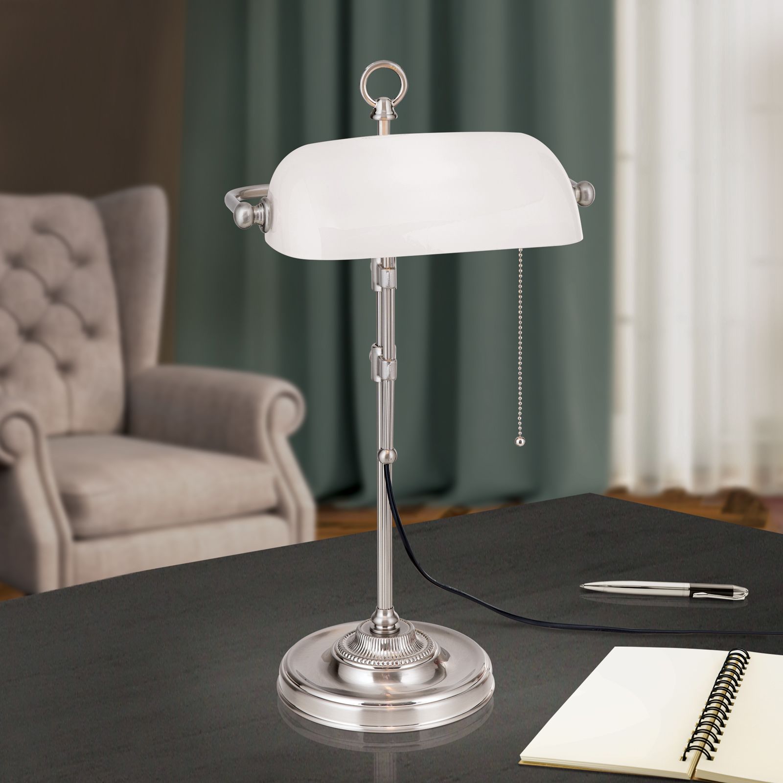 Bankerslamp HARVARD, Satin mit opalweißem Glasschirm, 53cm