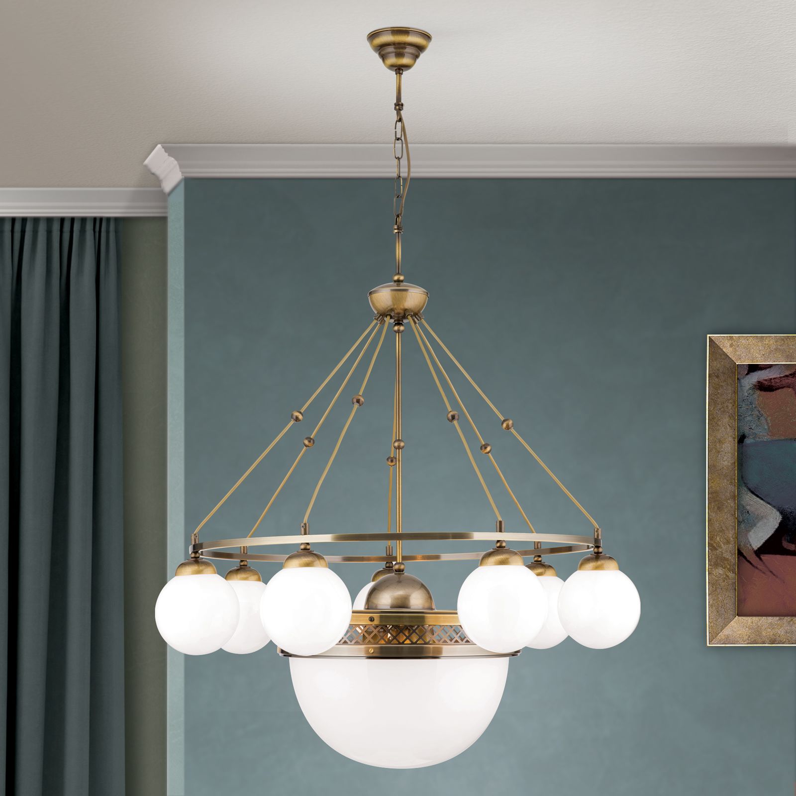 ALT WIEN Chandelier, 7+1 shiny opal glasses, Surface Antique Brass