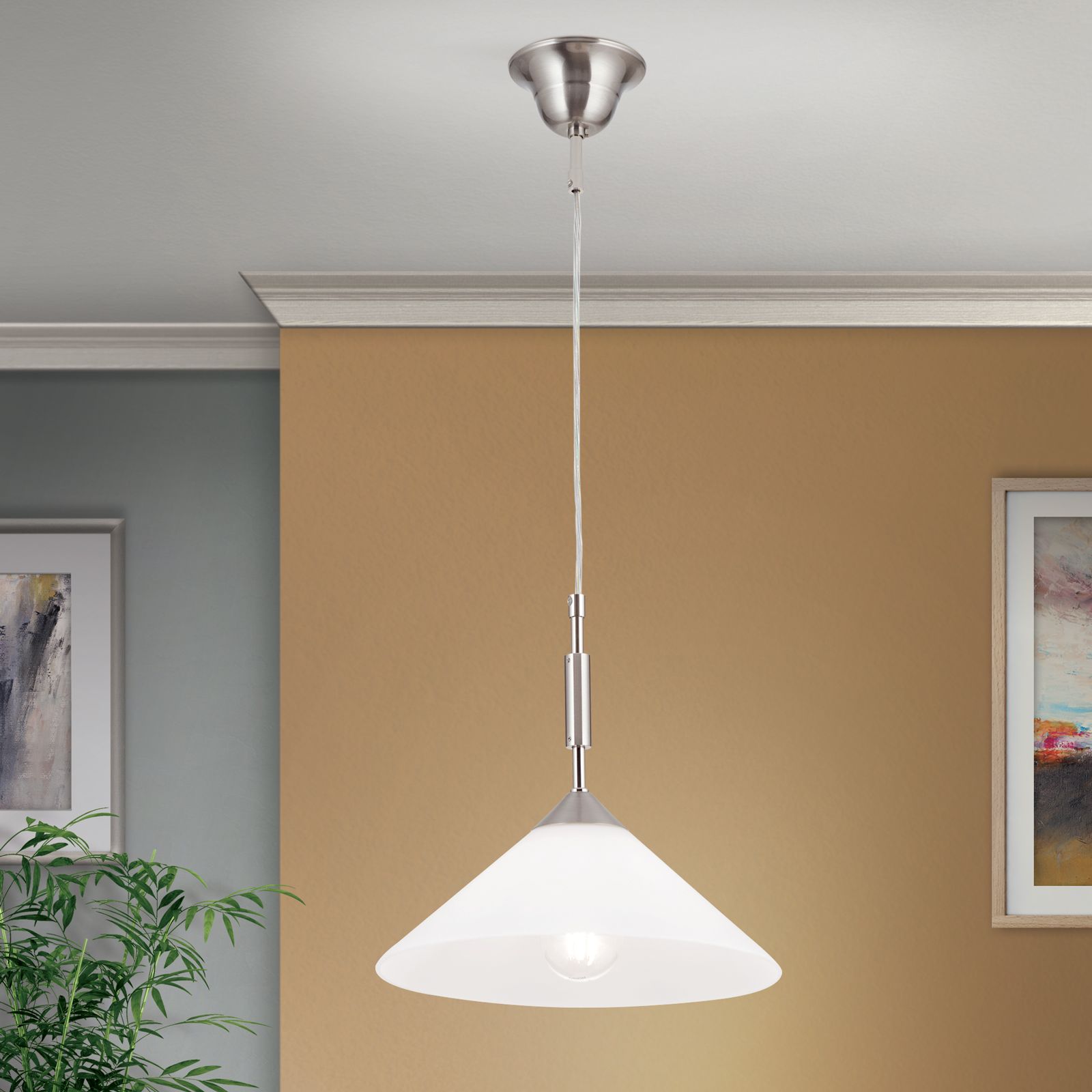 Artdesign single pendant lamp, satin chrome finish & opal glass shade, dia 30cm