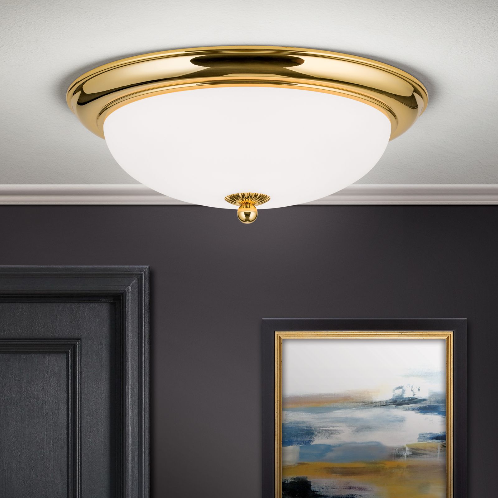 Deckenleuchte EMPIRE,Gold, mit opal mattem Glas, mit Knopf, 35cm