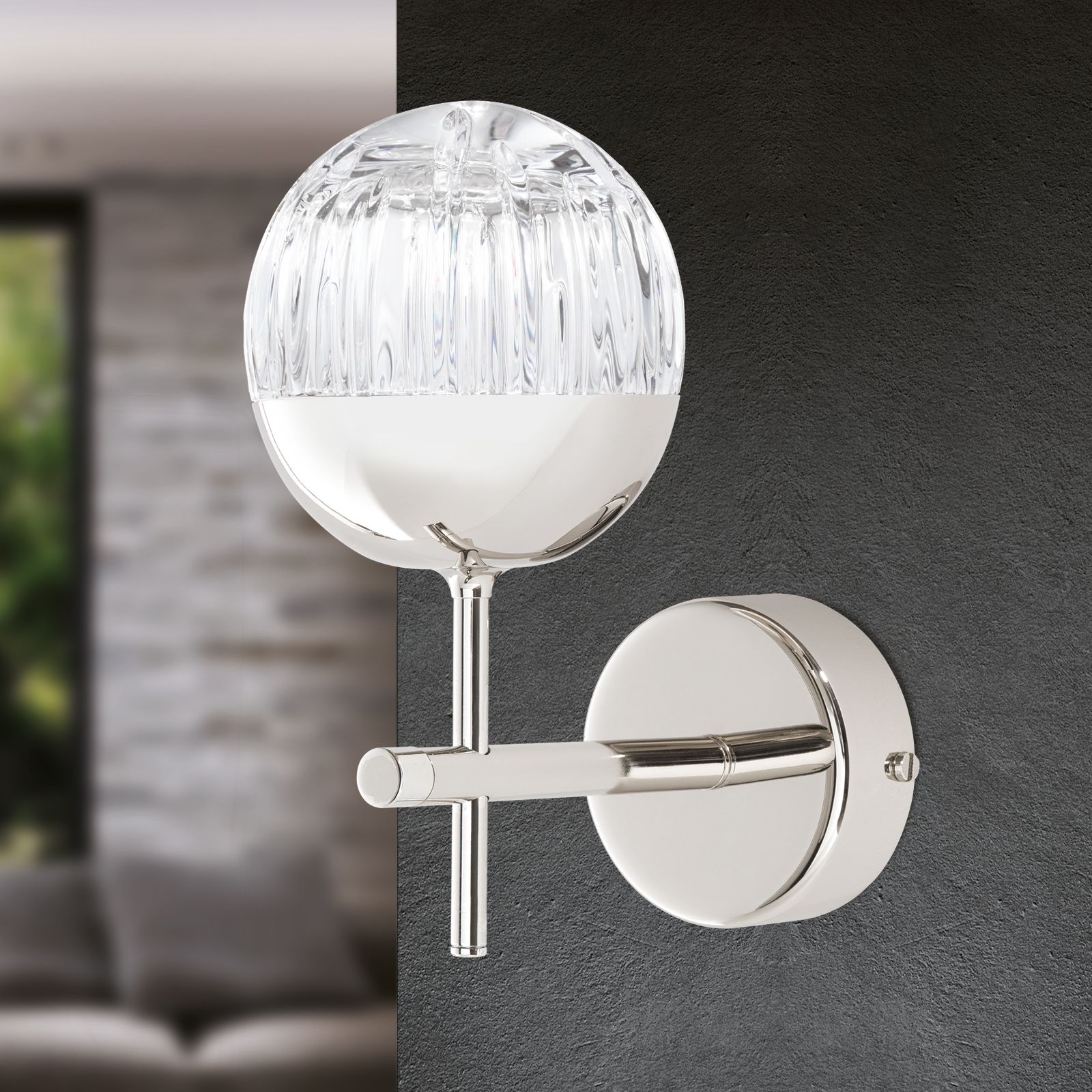 Wandleuchte BALL, nickel, mit klarem Kristallglas in Linienschliff