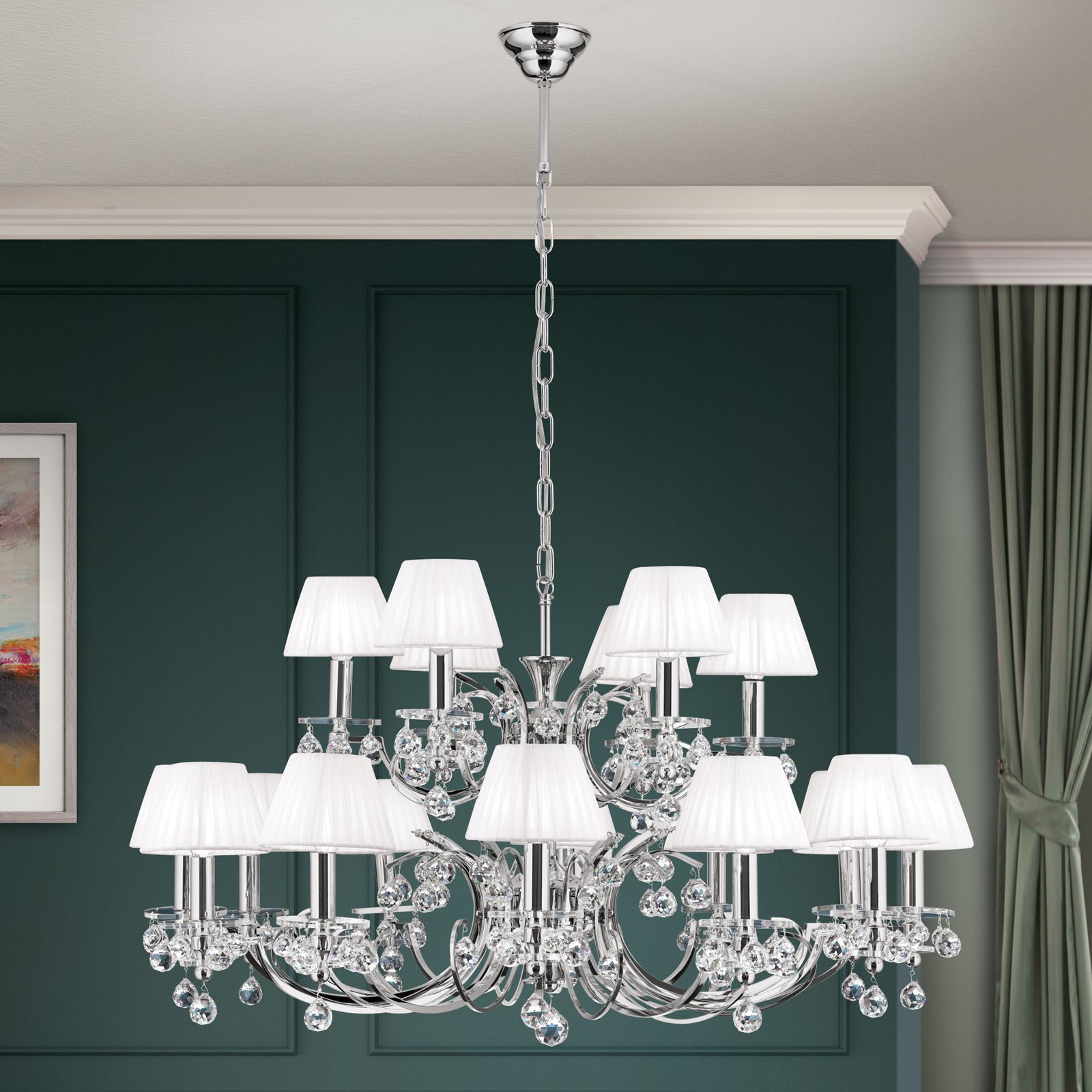 Kristalldesign crystal chandelier, 18 lamps, chrome plated with white shades