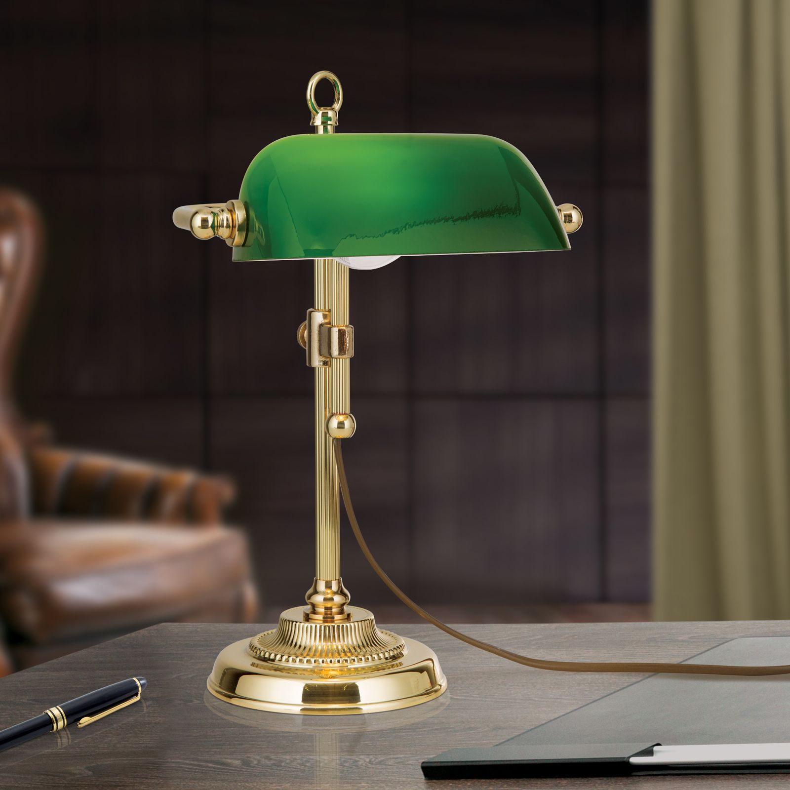 Bench lamp HARVARD, brass with green glass shade, 32cm Shiny