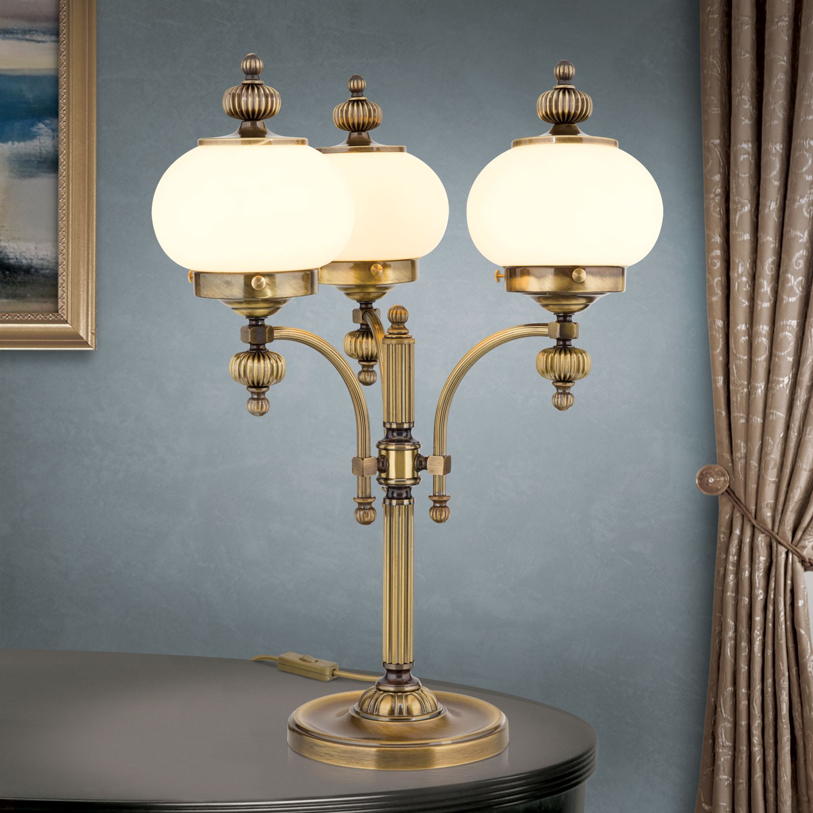 Table lamp WIENER NOSTALGIE, 3 lamps, antique brass finish, champagne glass