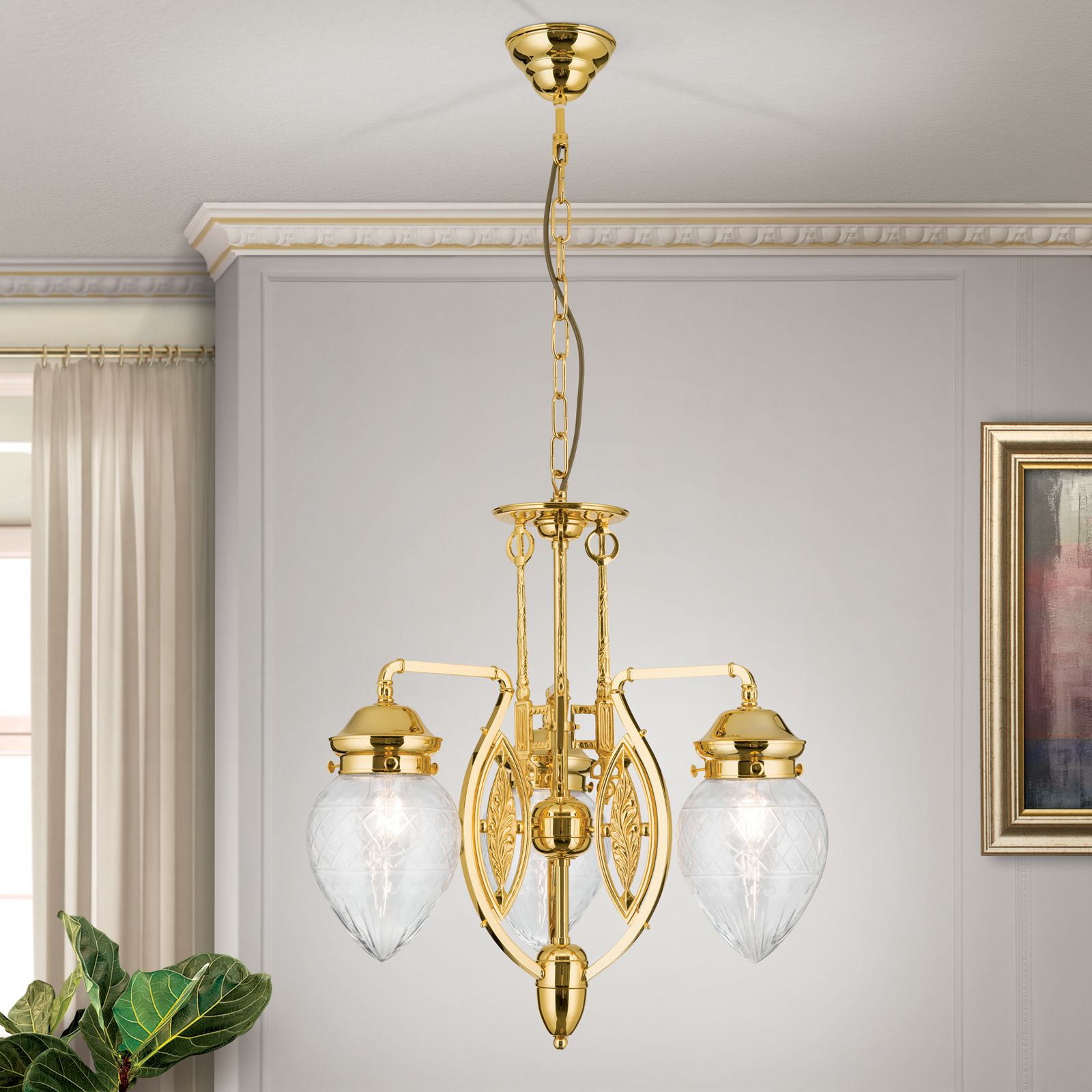 Chandelier BUDAPEST, 3 lights in 24K gold plated finish with clear cut glasses