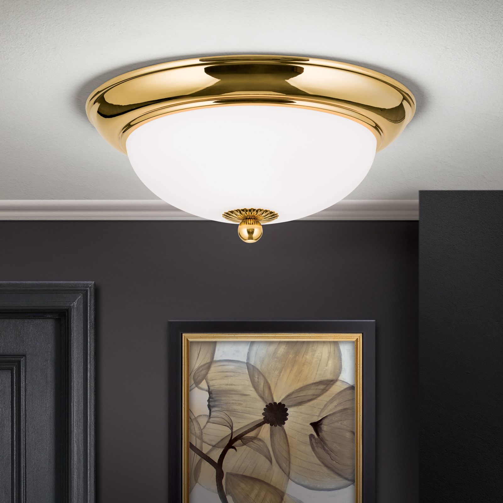 Deckenleuchte EMPIRE,Gold, mit opal mattem Glas, mit Knopf, 26cm