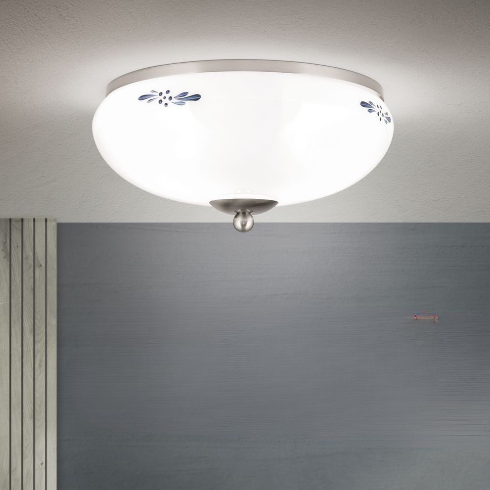 Ceiling light LANDHAUS, satin, with blue decoration, with knob, Ø 28cm