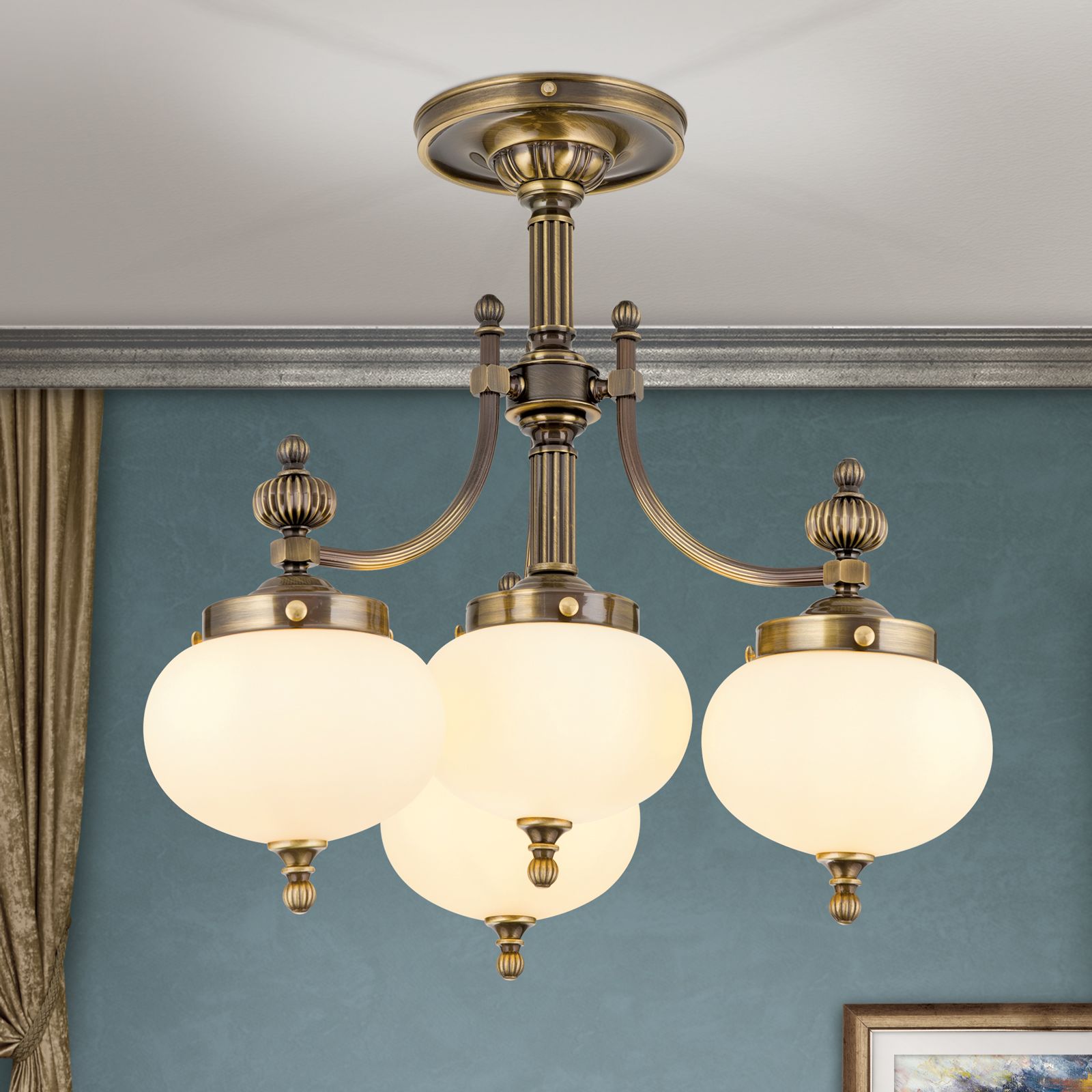 Ceiling light WIENER NOSTALGIE, 3+1 lamps, antique brass finish, champagne coloured glasses