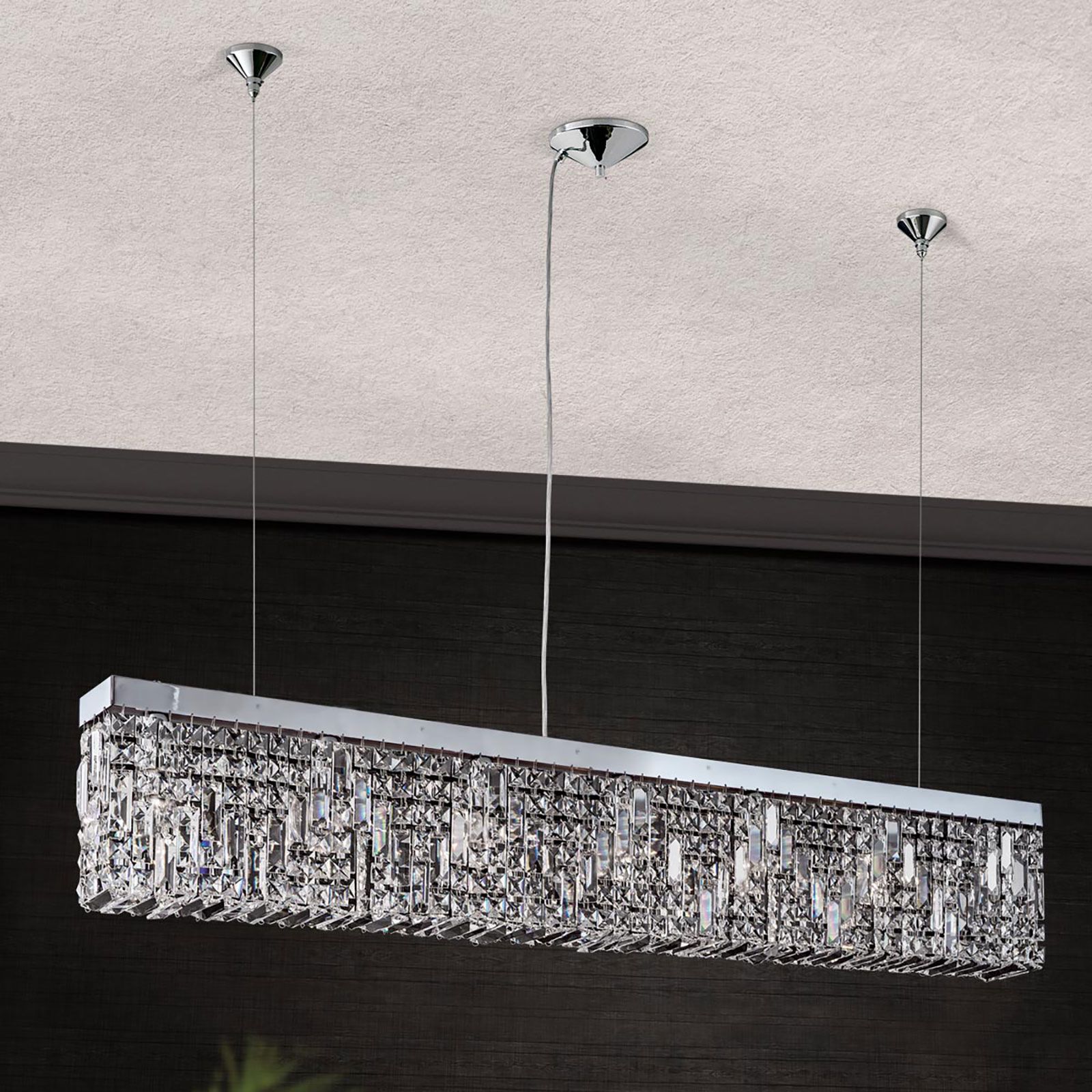 Straight pendant lamp RING, chrome, 130 cm