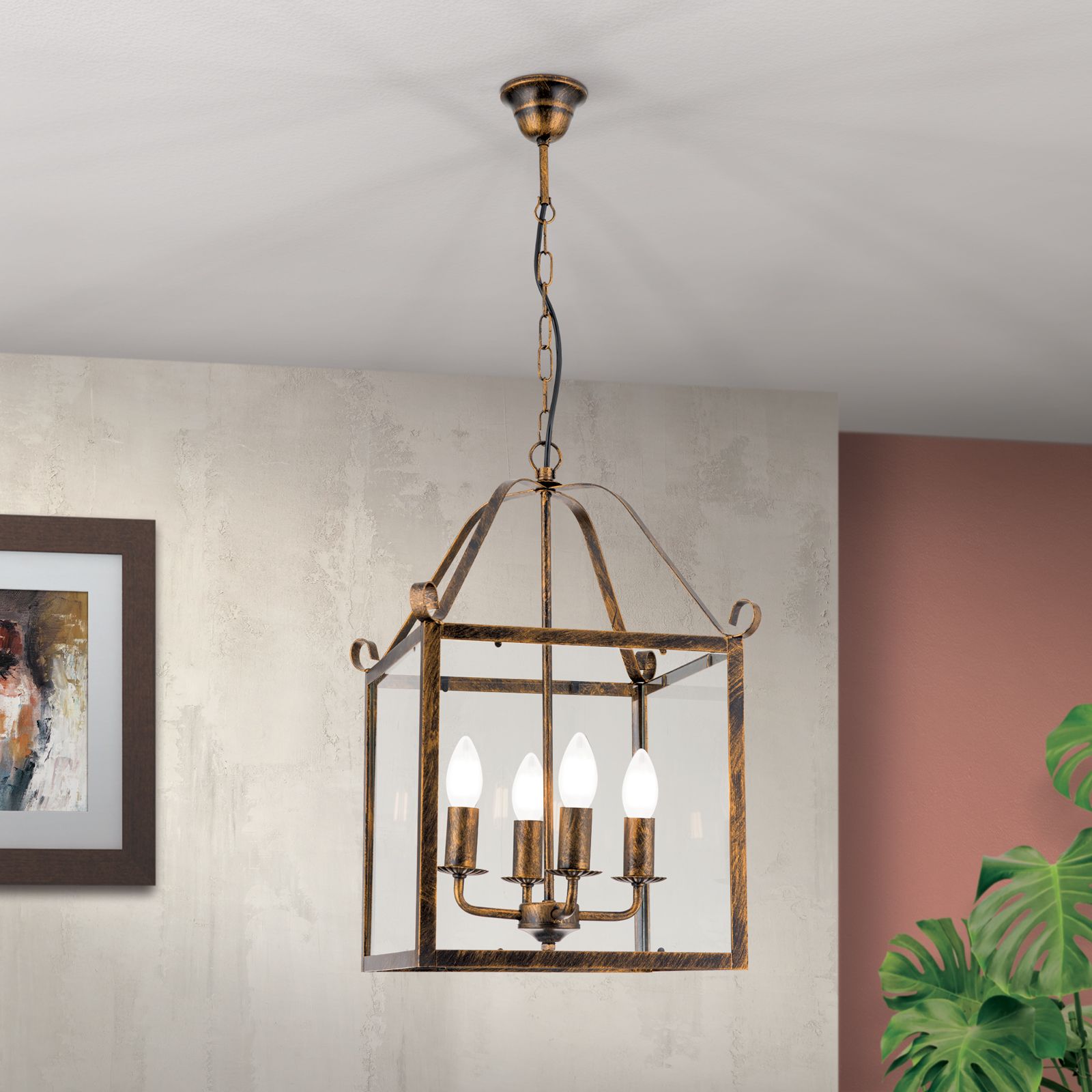 Suspension lamp FRANCO, 4-flames, antique gold