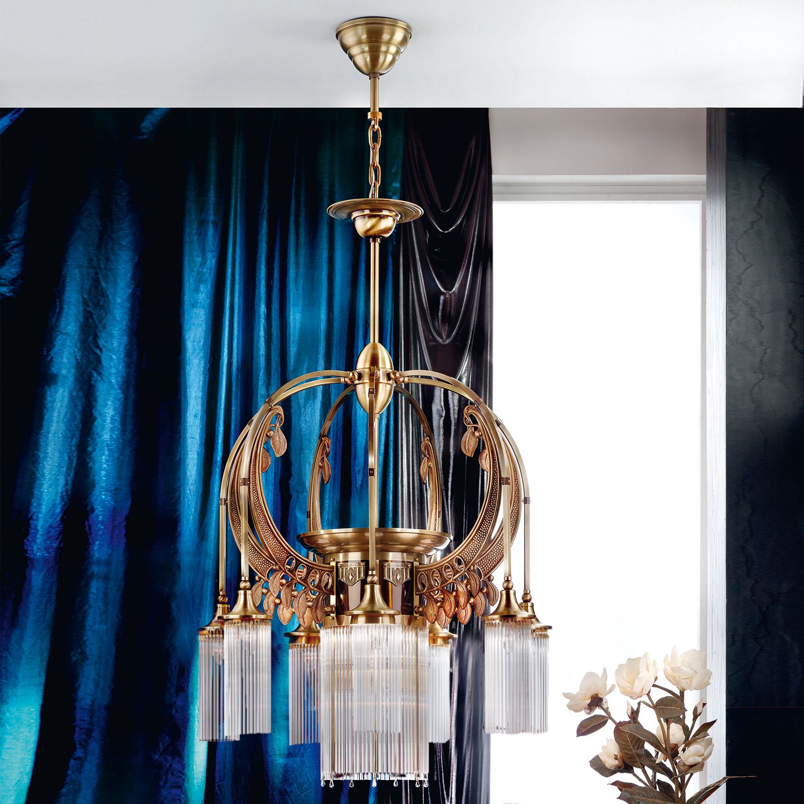Chandelier ADELE, 8-lamps, old brass, with glass rods Chandelier ADELE, 8-lamps, old brass, with glass rods