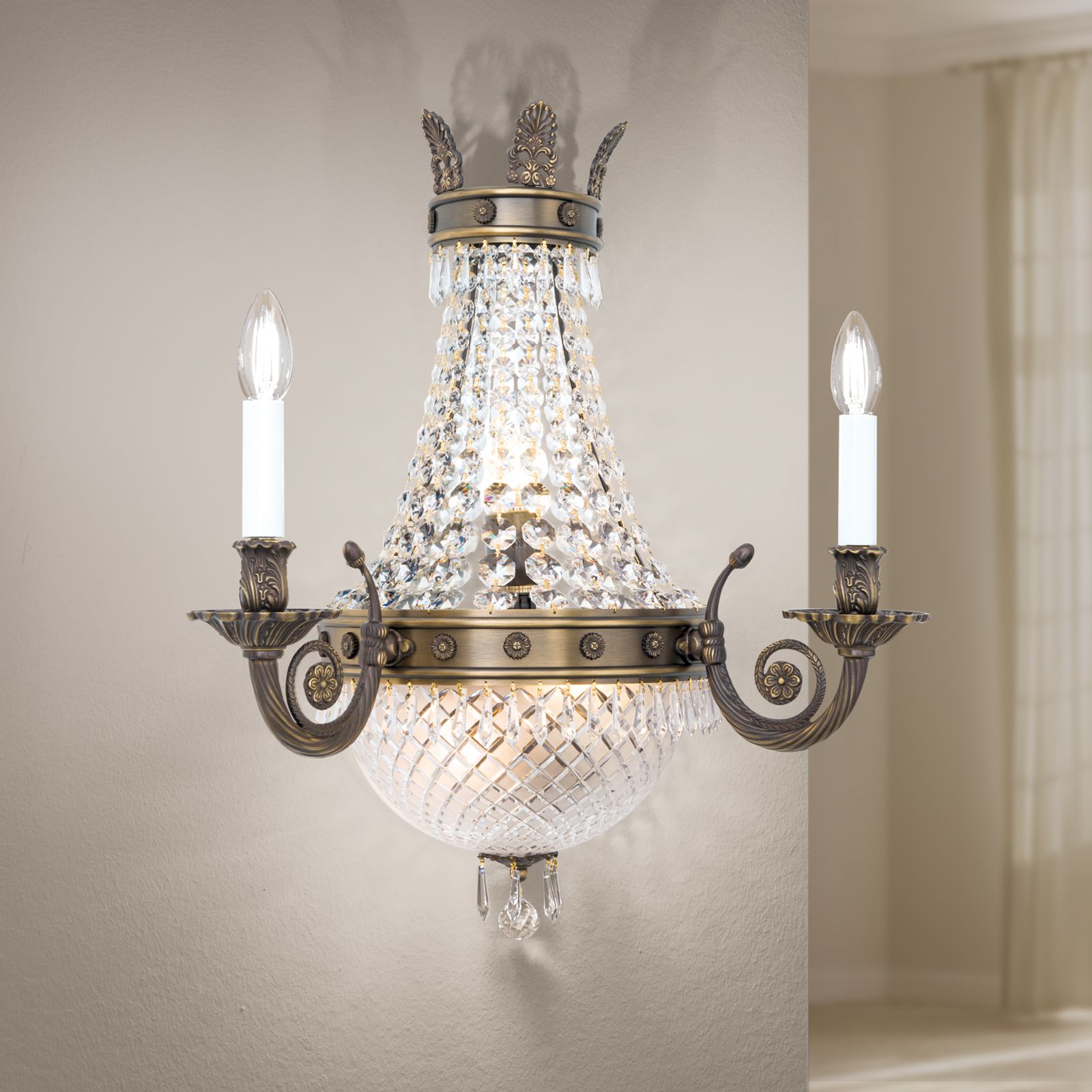 Wandarmleuchte EMPIRE CRYSTAL, 5-flammig, Altpatina