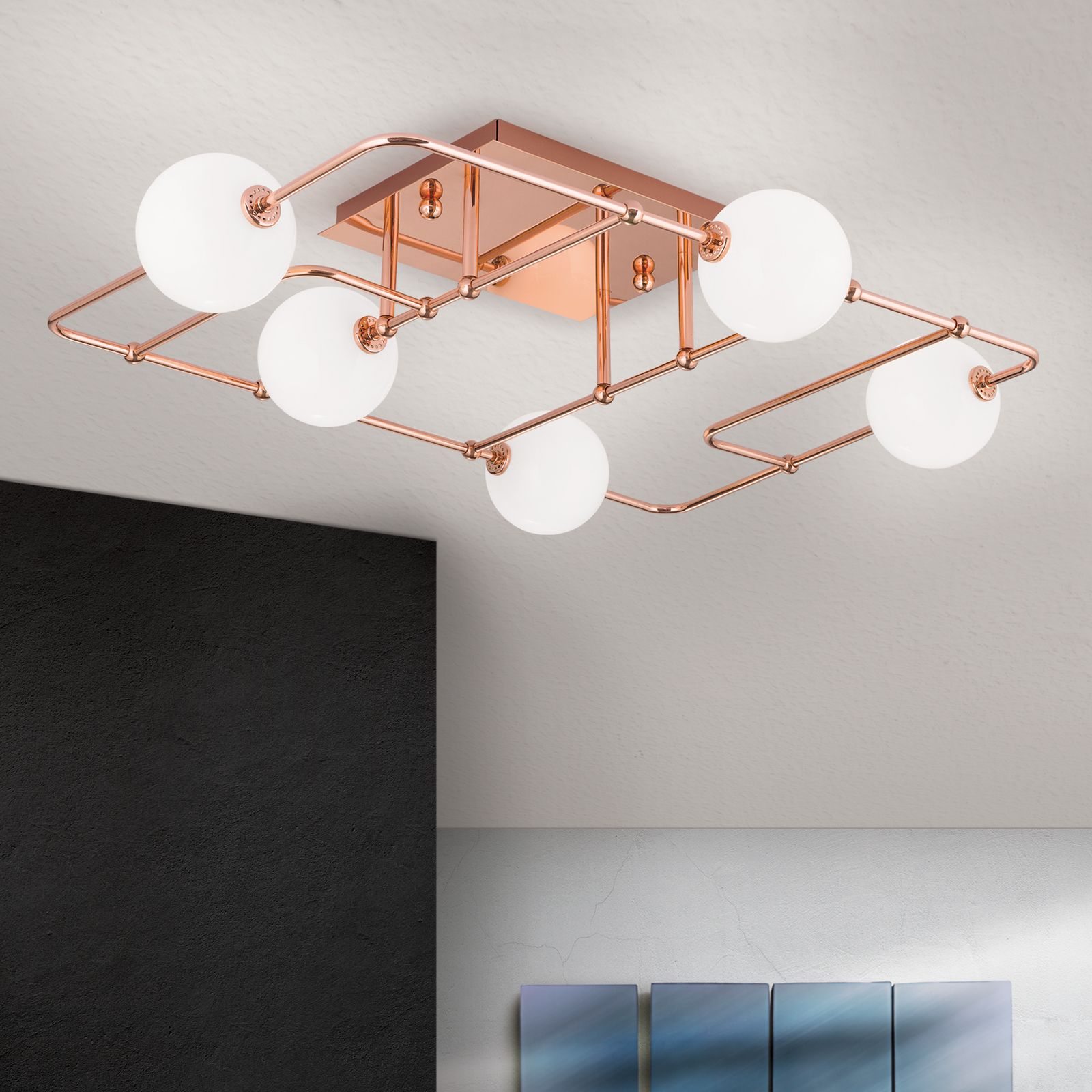 Deckenleuchte PIPES, kupfer mit opal-glänzenden Gläsern