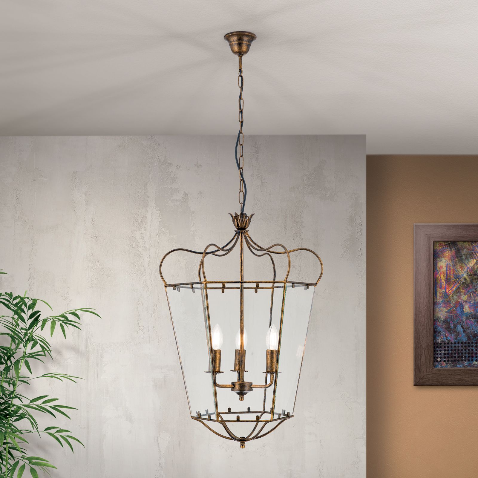 Pendant lamp MANTO, 3-flames, antique gold