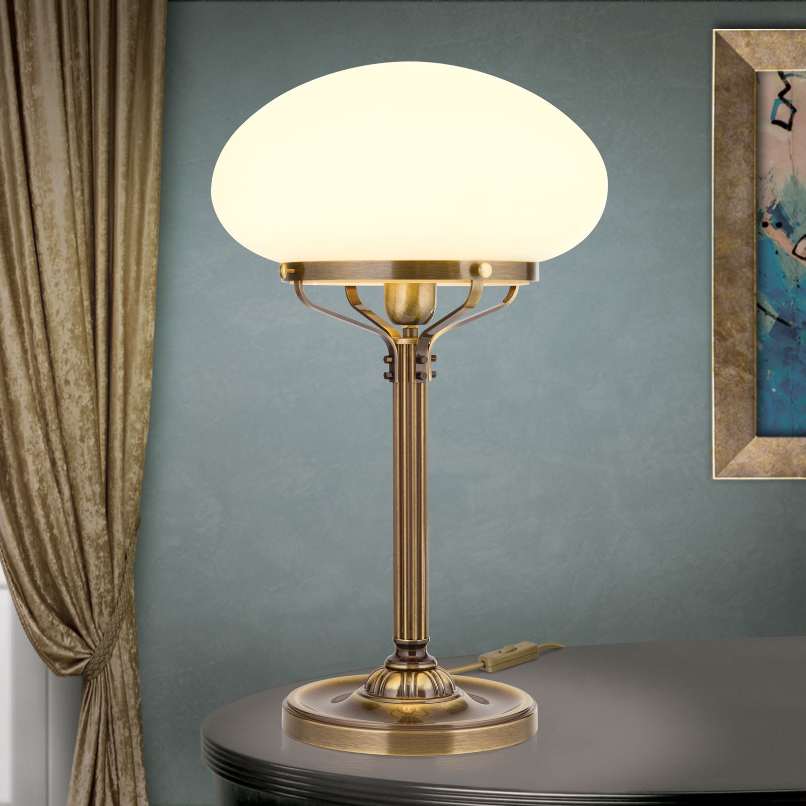 Table lamp WIENER NOSTALGIE, H62cm, antique brass finish, champagne coloured glass