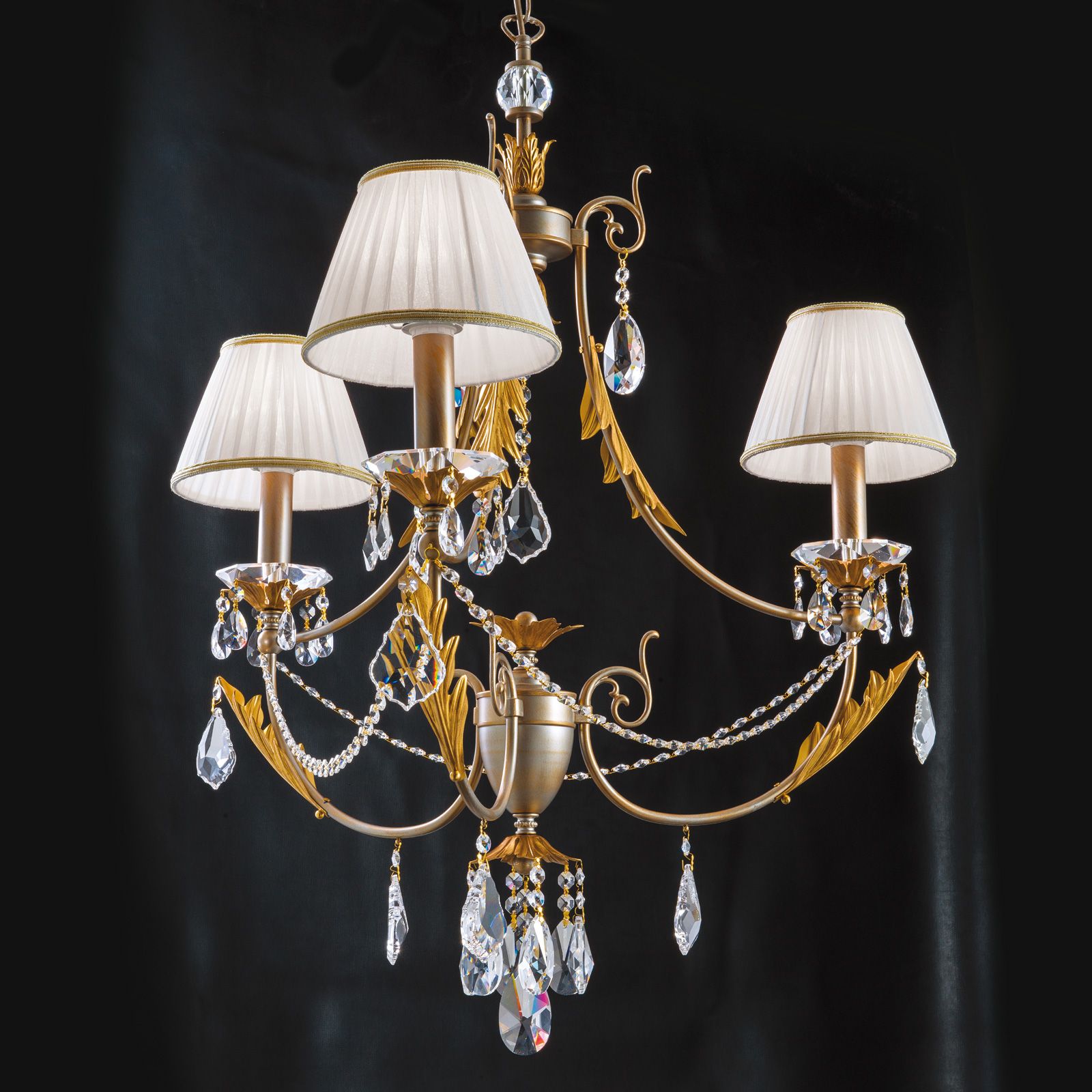Chandelier MIRAMARE, 3-flames, silver-gold, with white organza shades
