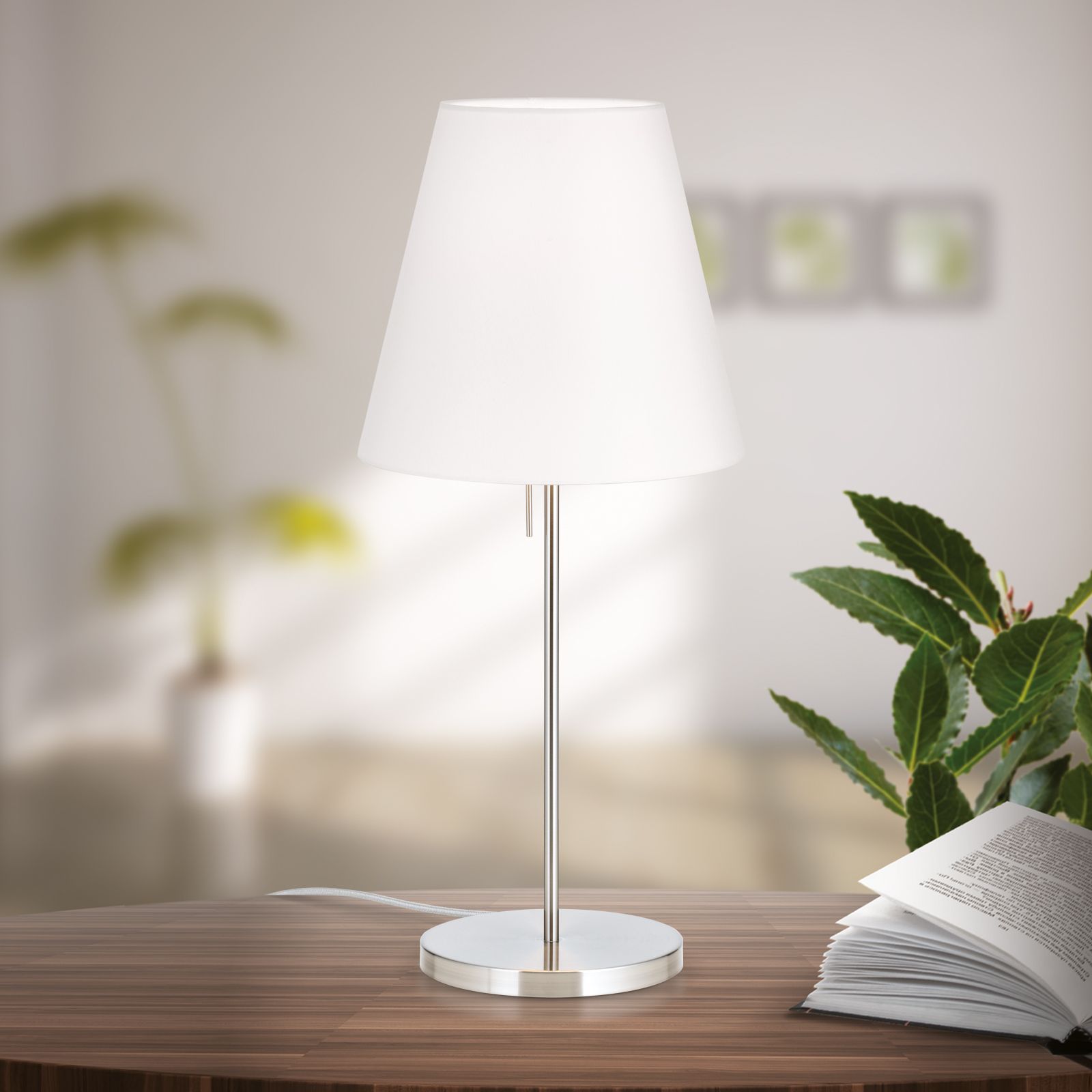 SHADE Table Lamp, large, satin chrome finish, with conic, white lampshade