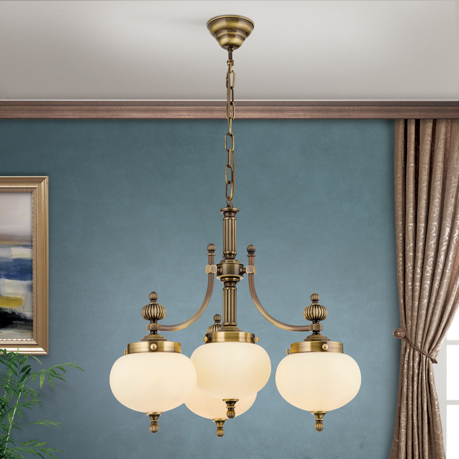 Chandelier WIENER NOSTALGIE, 3+1 lamps, antique brass finish, downwards, champagne coloured glasses