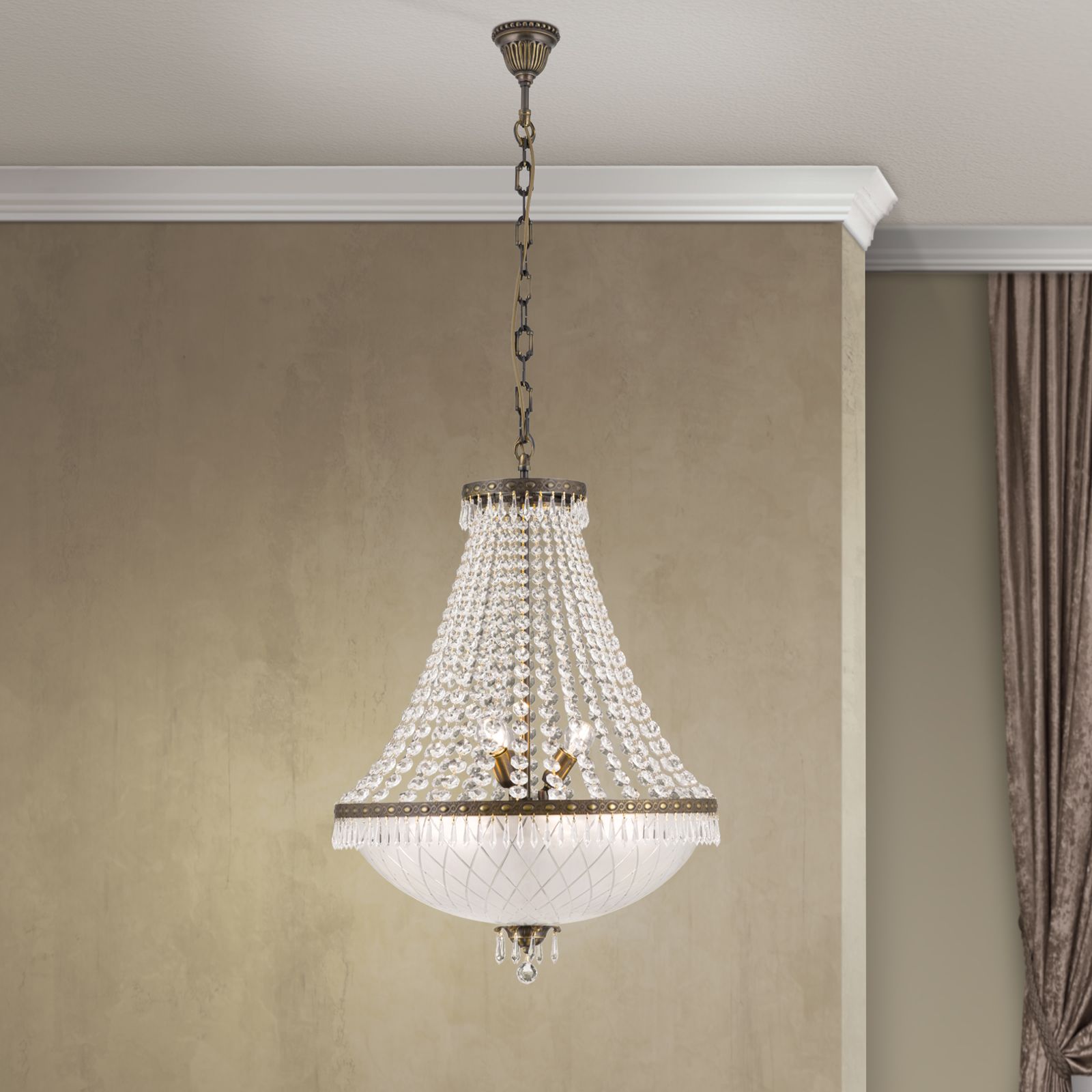 Kronleuchter EMPIRE CRYSTAL, 9-flammig, Altpatina