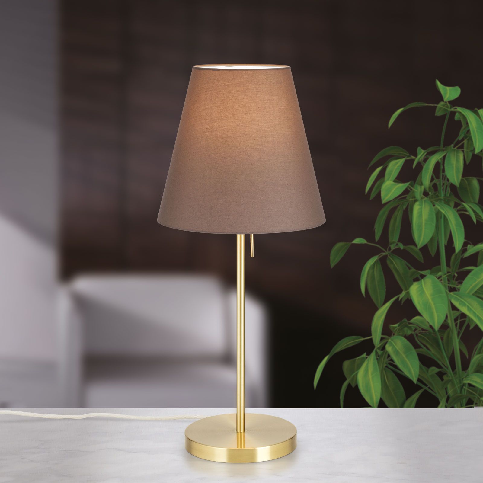 Table lamp SHADE, medium, brass matt, with conical, brown shade