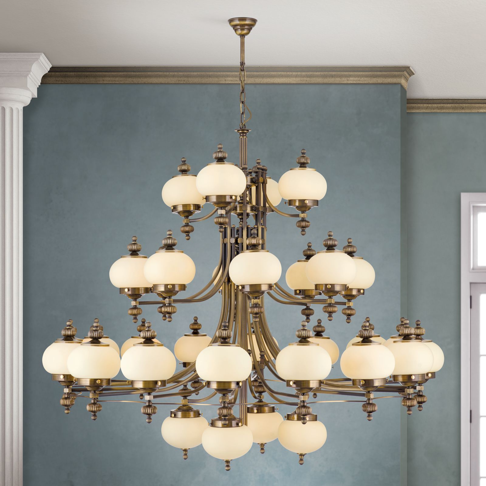 Chandelier WIENER NOSTALGIE, 4+16+8+4 lamps, antique brass finish, upwards, champagne coloured glasses