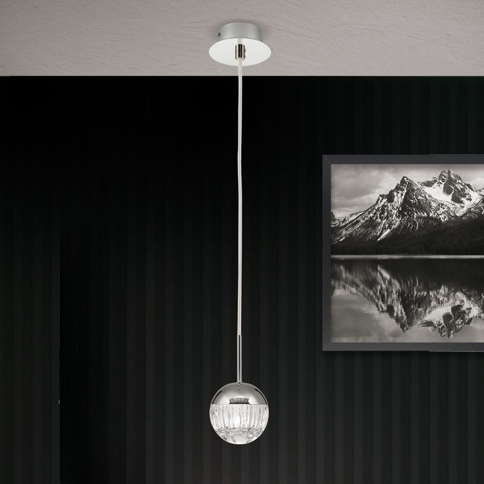 Runde Hängeleuchte BALL, nickel, mit klarem Kristallglas in Linienschliff