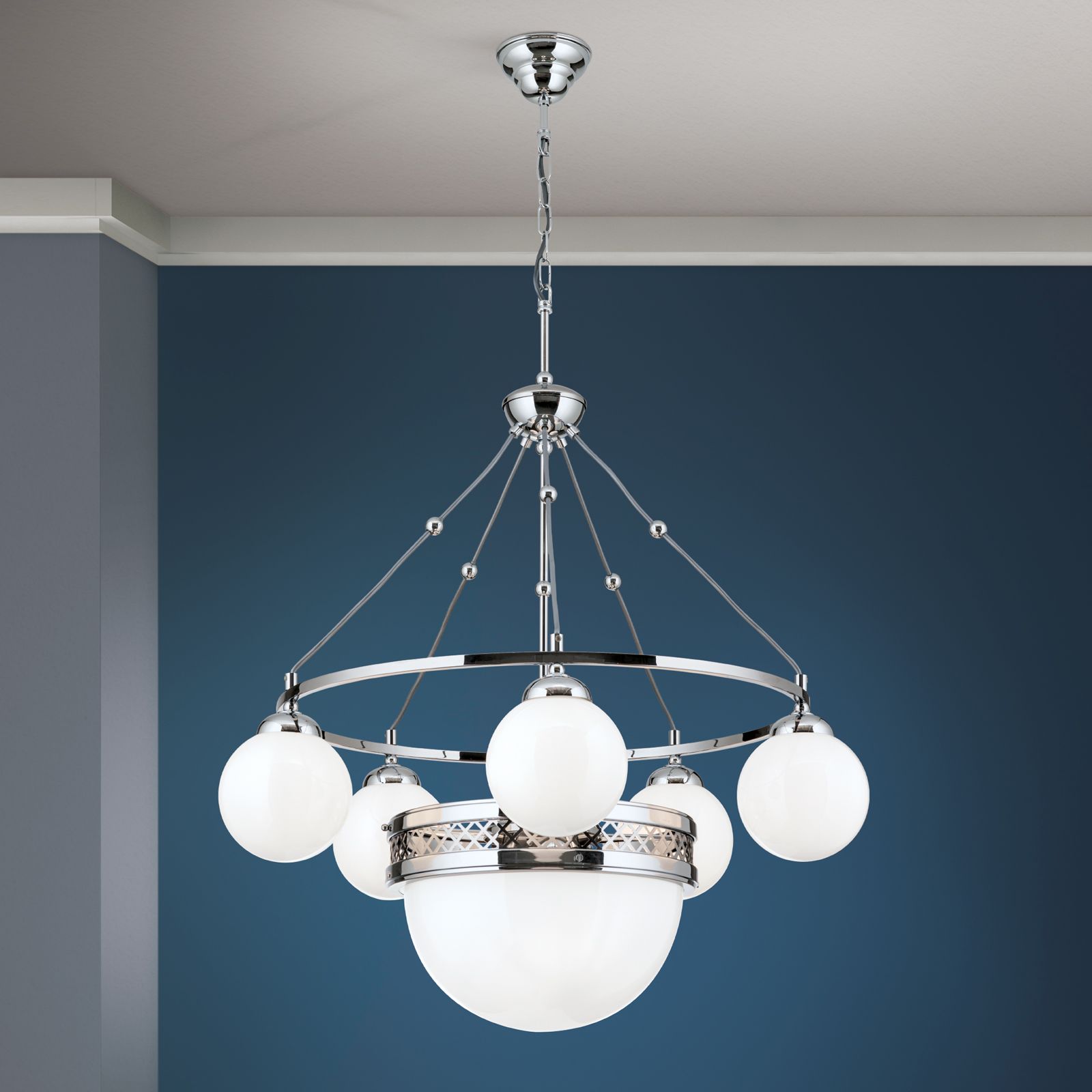 Pendelleuchte ALT WIEN, 5+1-flammig, Nickel, mit opal glänzenden Gläsern