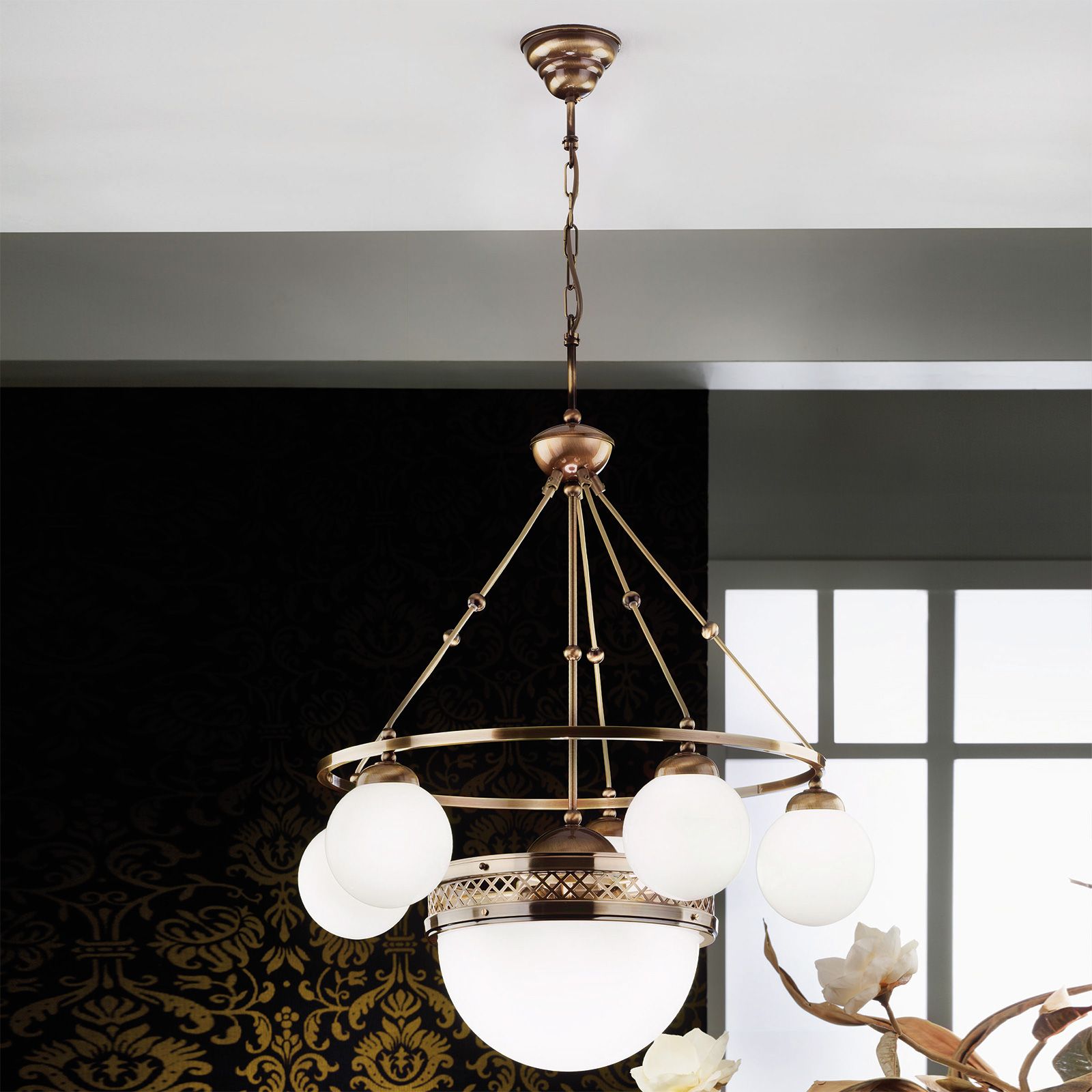 ALT WIEN Chandelier, 5+1 shiny opal glasses, Surface Antique Brass