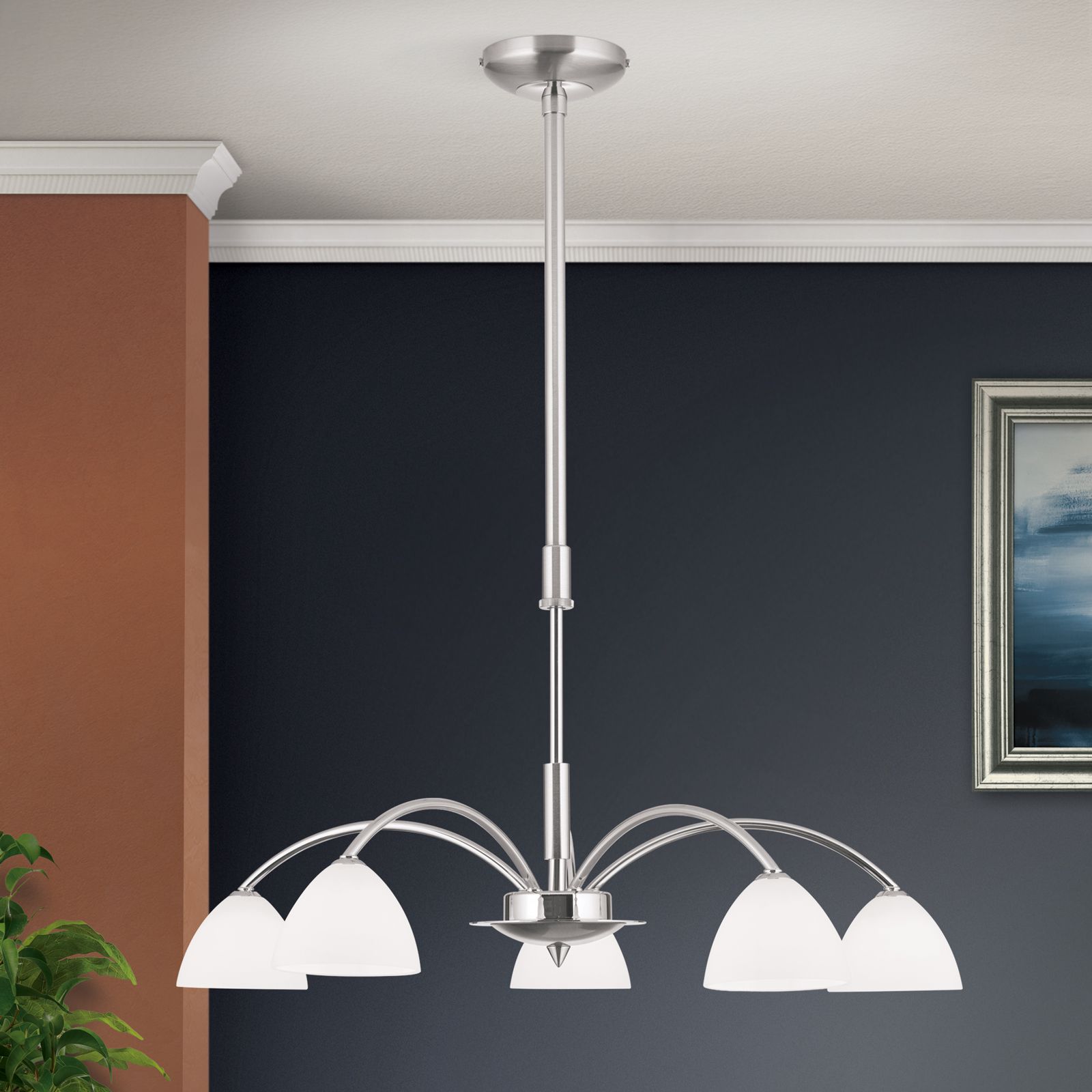 OPALDESIGN chandelier, 5 lamps, satin chrome with opal glasses