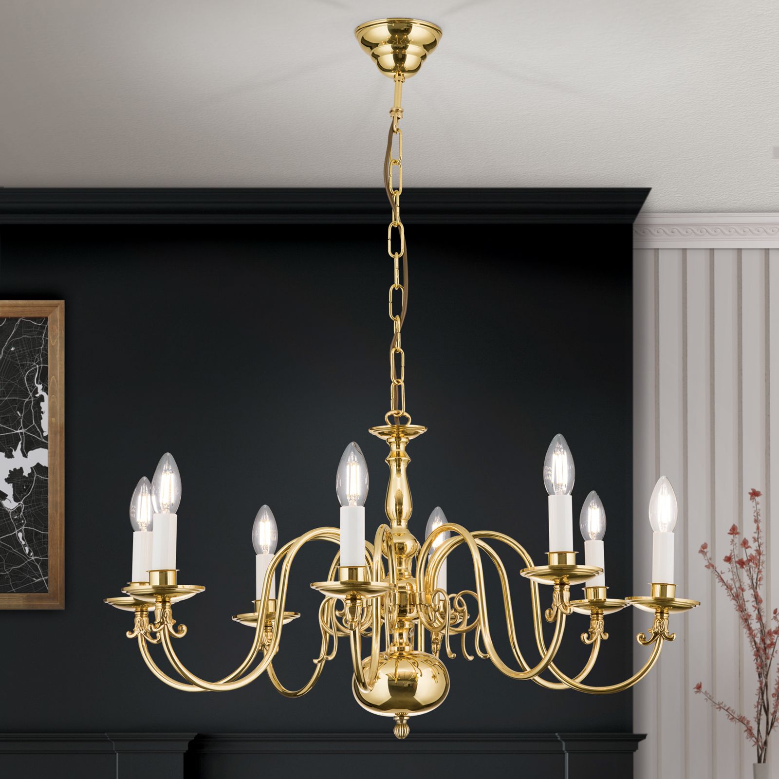 Chandelier FLÄMISCH, 8-lamps, shiny brass
