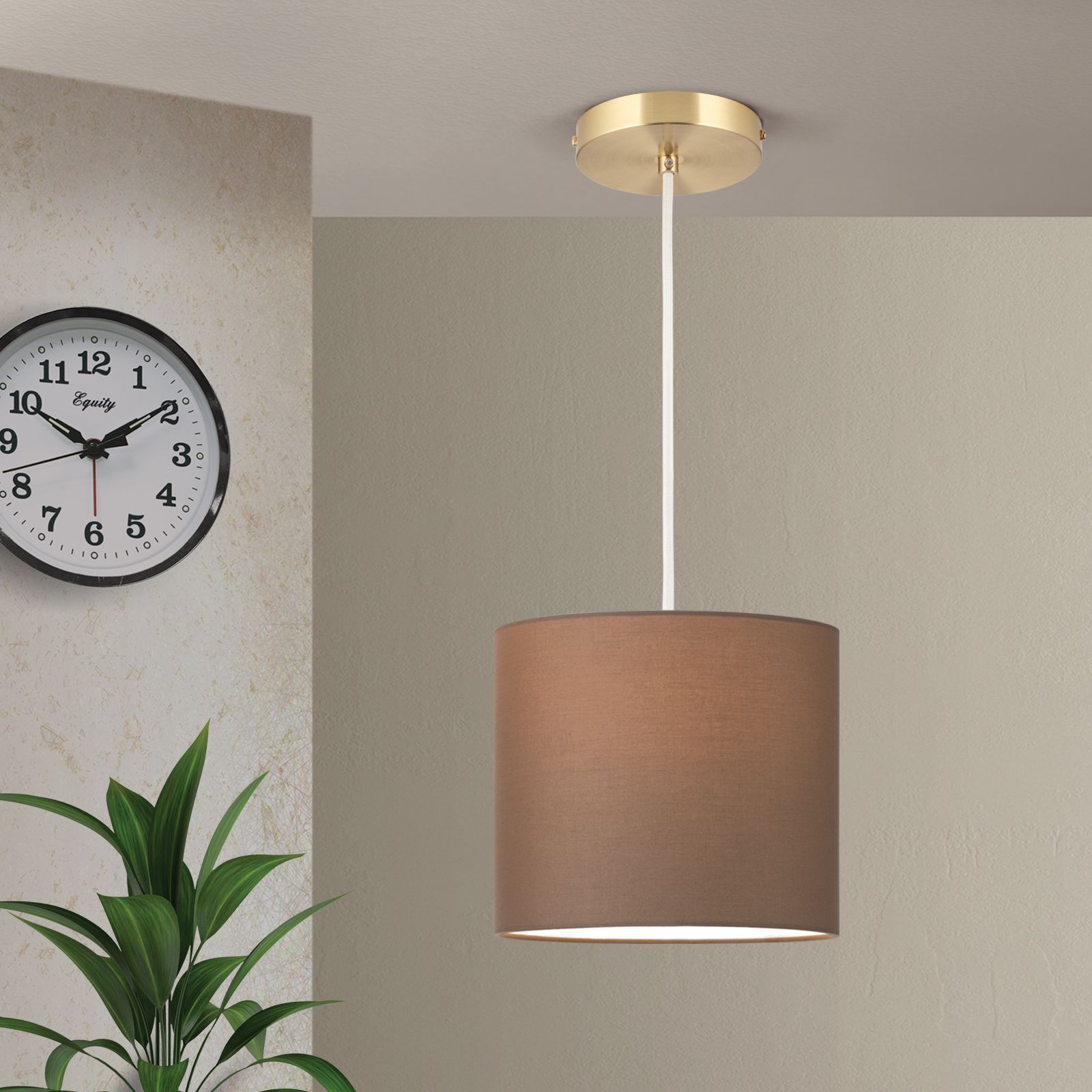 Pendant lamp SHADE, small, brass matt, with cylindrical, brown shade, 1x E27