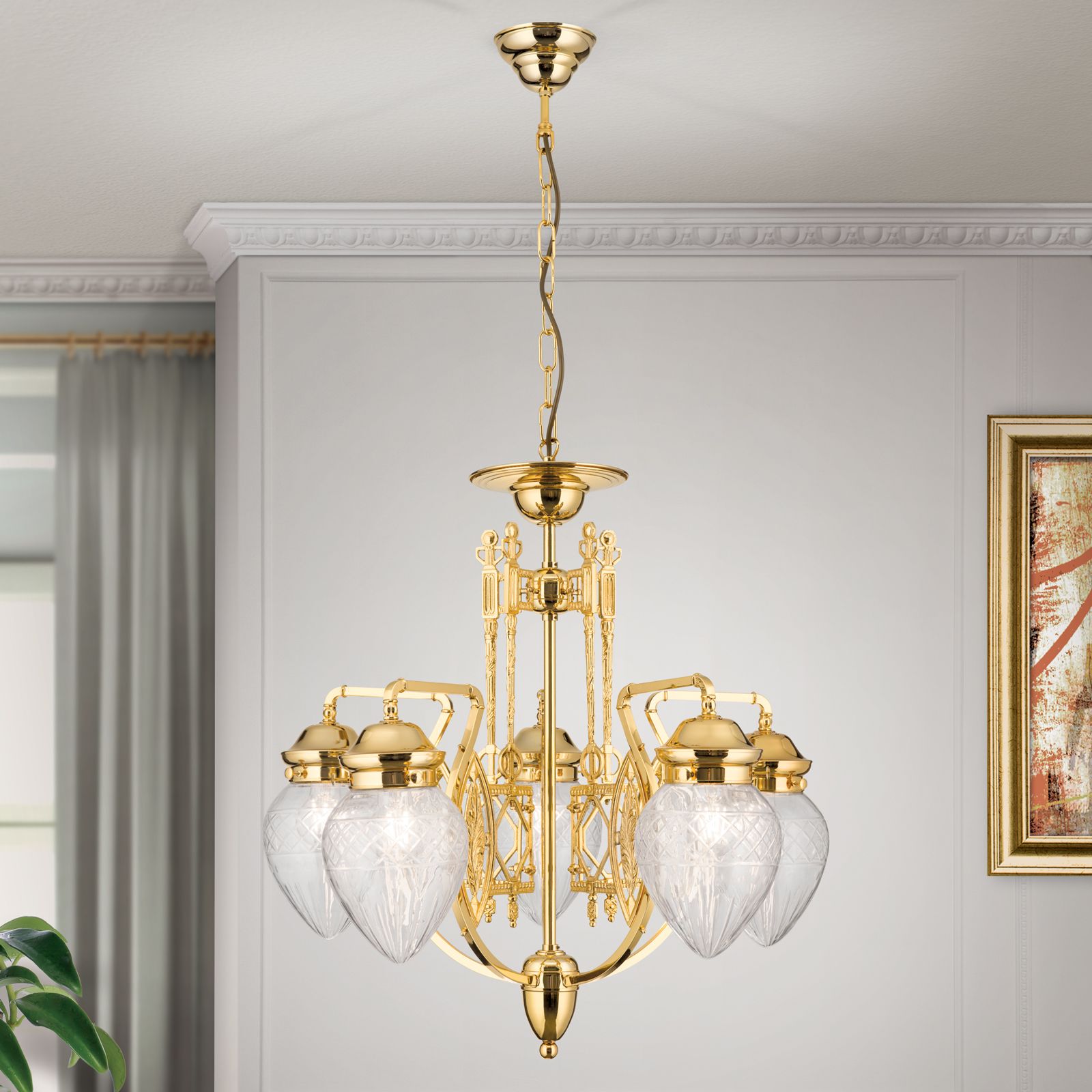 Chandelier BUDAPEST, 5 lights in 24K gold plated finish with clear cut glasses