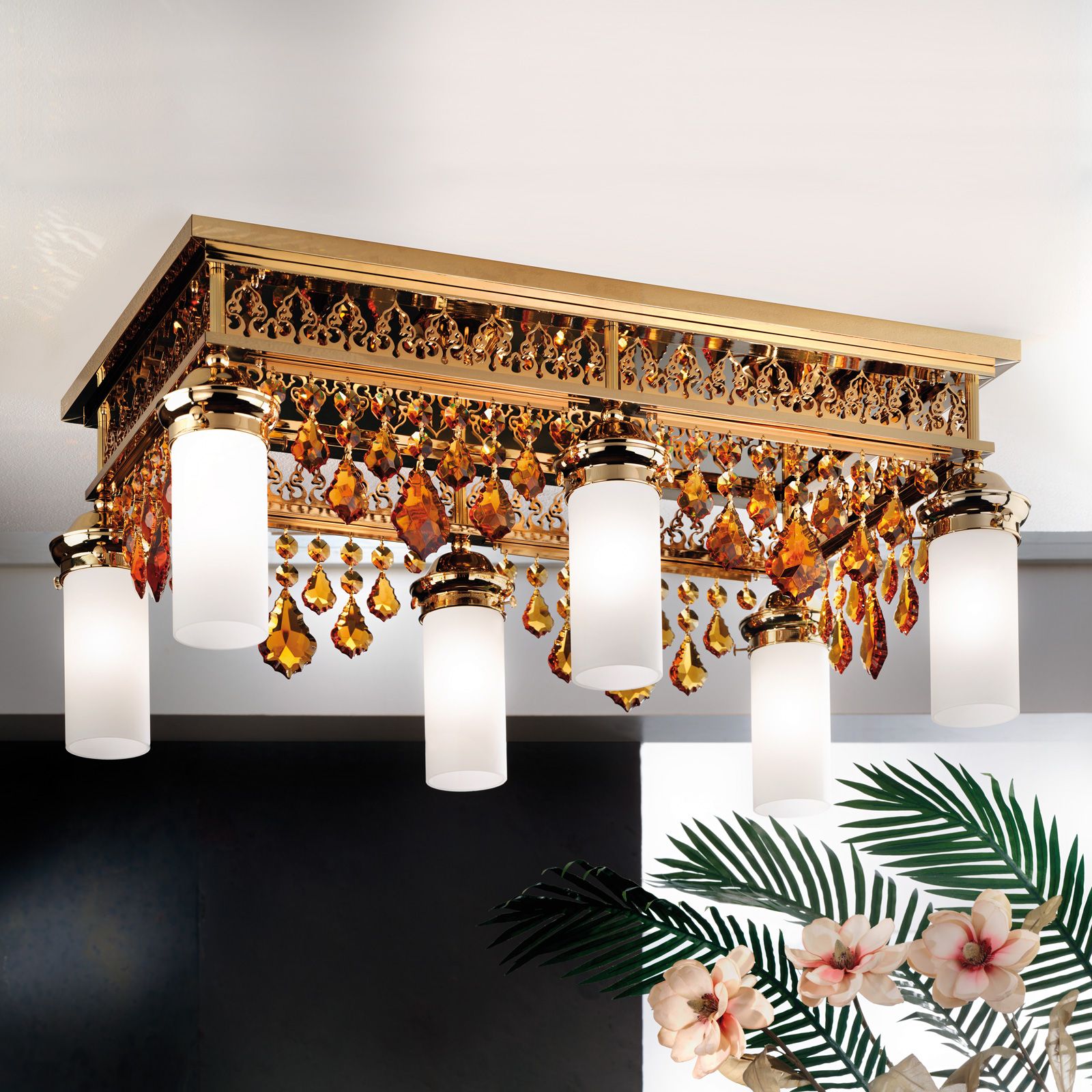 Deckenluster ORIONtal, 6-flammig, Gold, mit topas färbigen Kristallpendeln