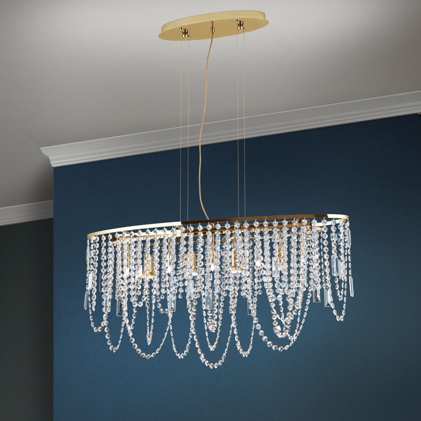 Pendant light KRISTALLDESIGN in oval shape, 90x25cm, 24K gold plated