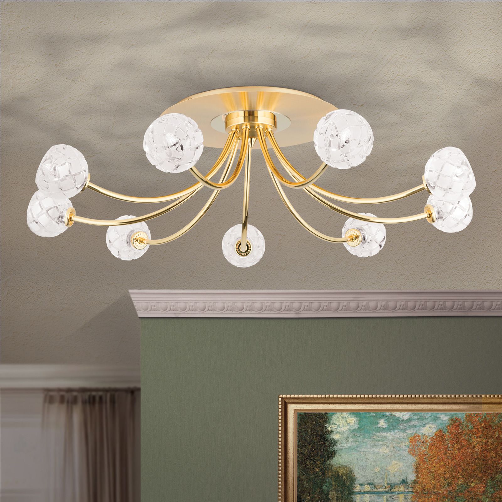 Ceiling light MADERNO, 9-flames, gold matt