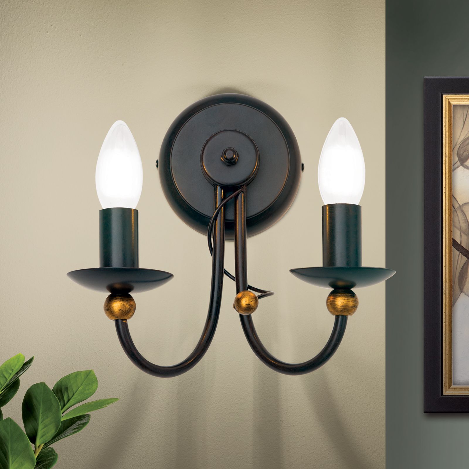 Wall light GIOVANNI, 2-flames, antique brown, gold
