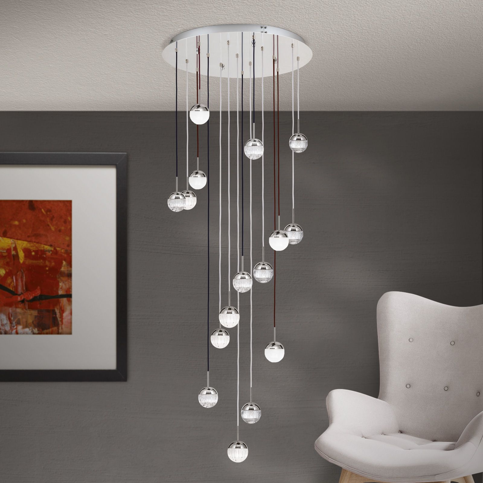 Deckenluster BALL, Ø 80cm, nickel, mit Textilkabelfarb- und Glasmix